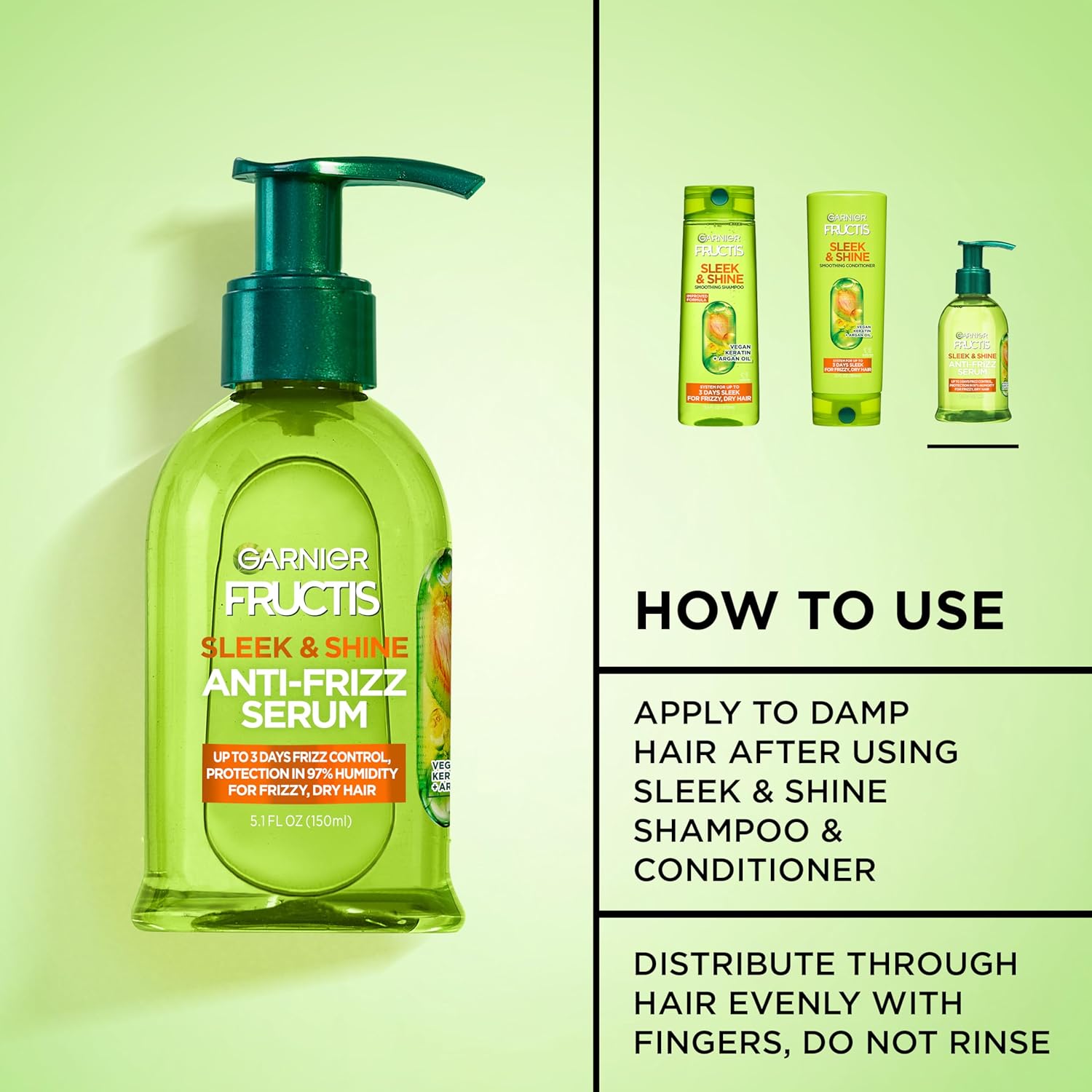 Garnier Fructis Sleek & Shine Anti-Frizz Serum for Frizzy, Dry Hair, Argan Oil, 5.1 Fl Oz, 1 Count (Packaging May Vary) - Image 4