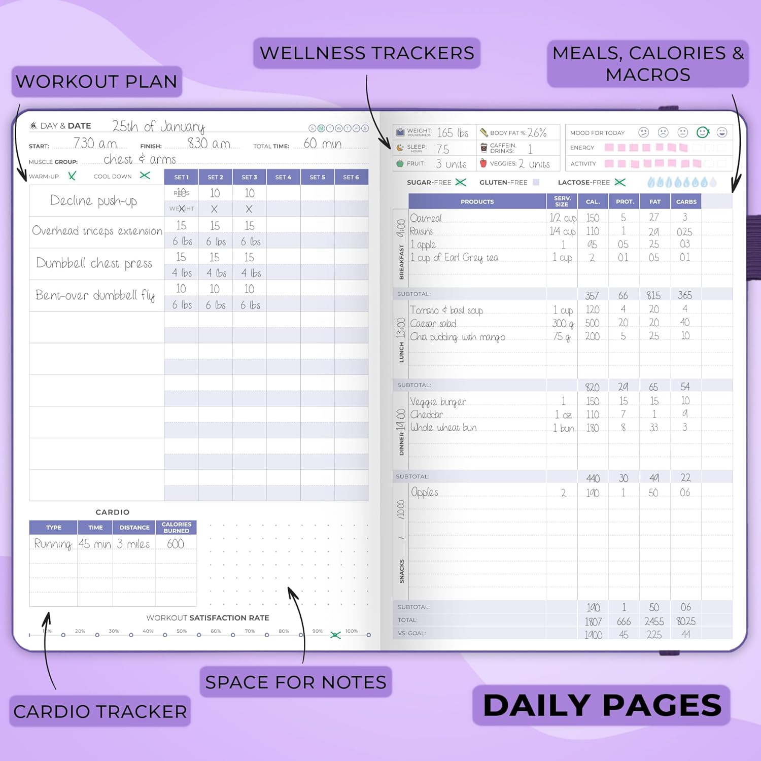 Clever Fox Fitness & Food Journal – Nutrition & Workout Planner for Women & Men – Diet & Gym Exercise Log Book with Calendars, Diet & Training Trackers - Undated, A5 Size, Hardcover (Purple) - Image 5