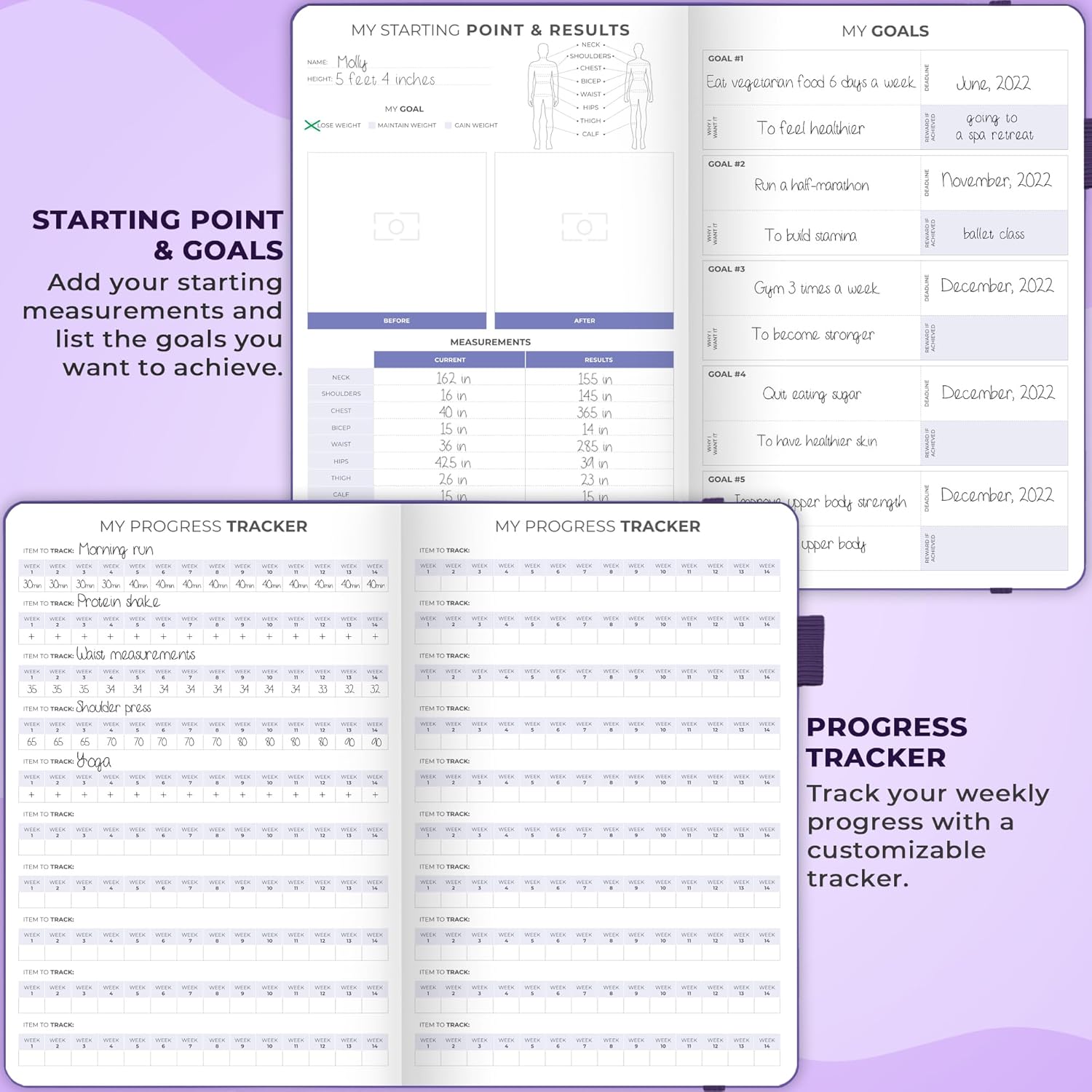 Clever Fox Fitness & Food Journal – Nutrition & Workout Planner for Women & Men – Diet & Gym Exercise Log Book with Calendars, Diet & Training Trackers - Undated, A5 Size, Hardcover (Purple) - Image 3