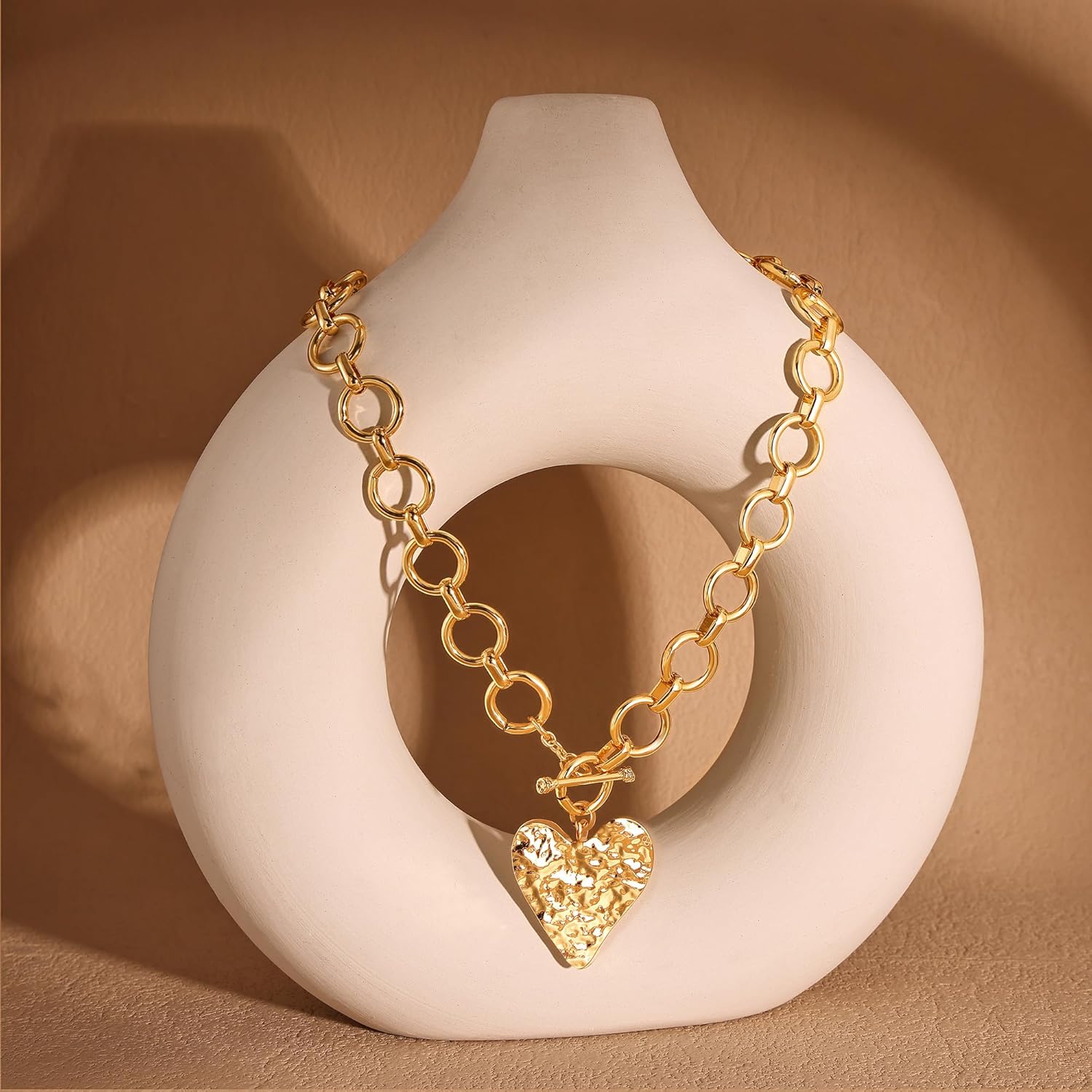 Chunky Gold Heart Necklace for Women,14K Gold Plated Chunky Heart Pendant Bold Chain Necklace with Toggle Clasp,Waterproof Non Tarnish Hypoallergenic Chunky Statement Jewelry Gift for Women - Image 6