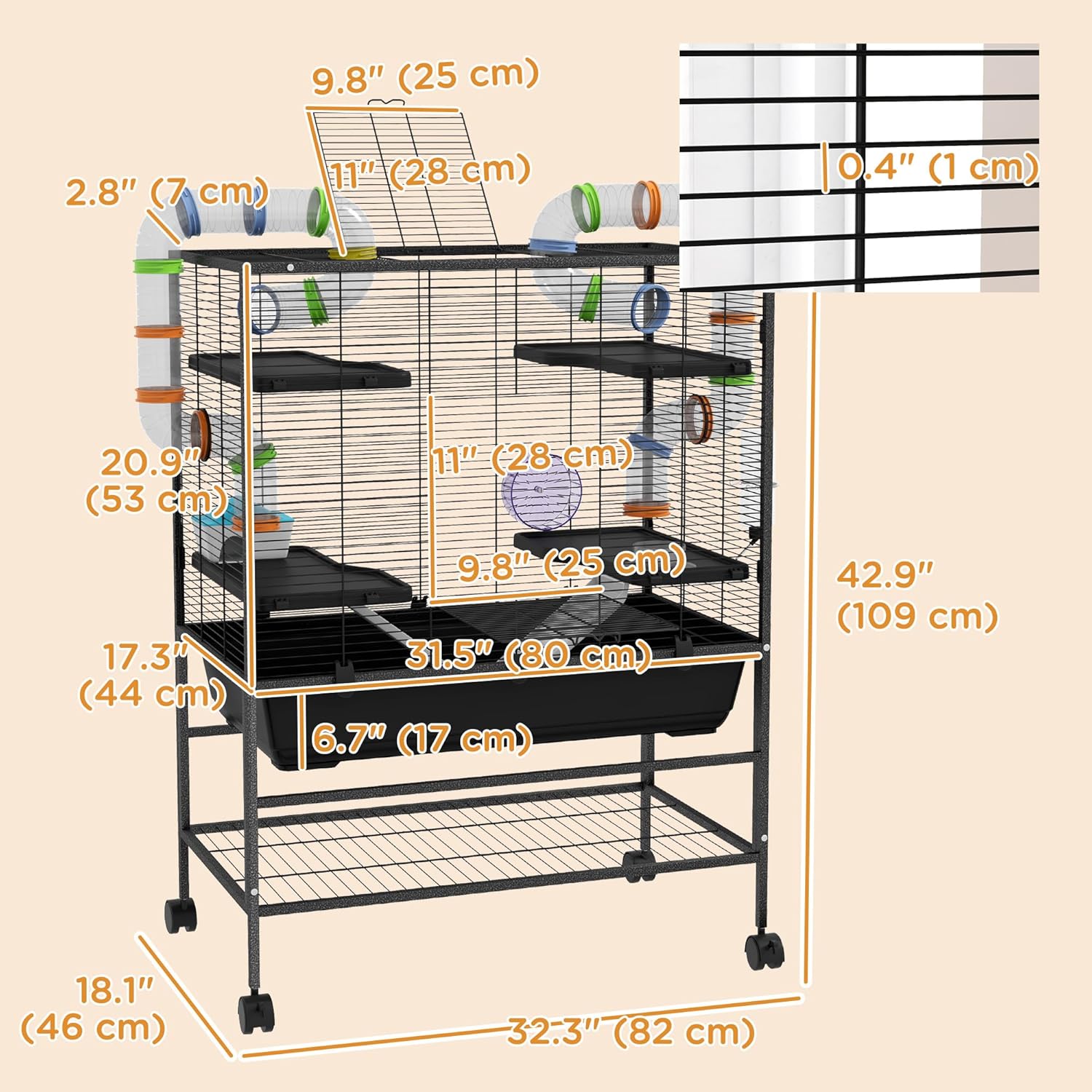 PawHut 32" Large Hamster Cage with Storage Shelf, Rat Cage for Syrian Hamster, Gerbils, with Tubes, Running Wheel, Food Dish, Water Bottle - Image 7
