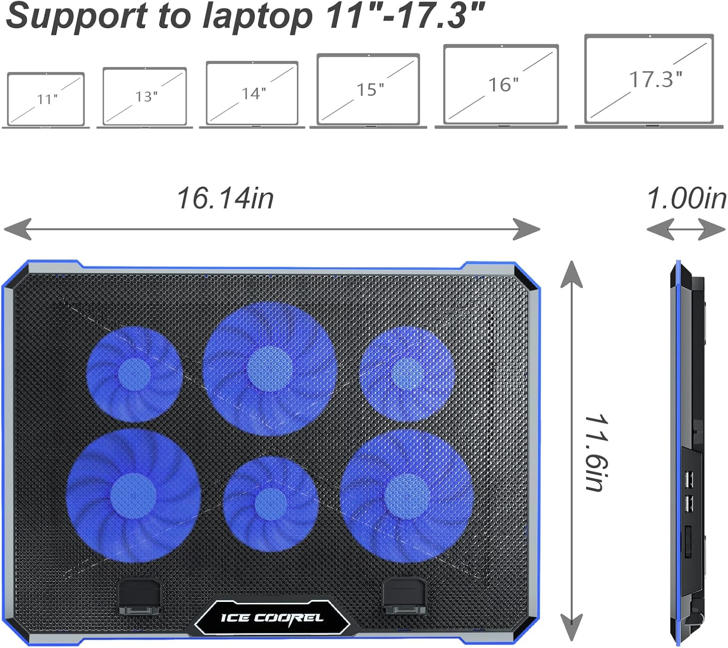 ICE COOREL Laptop Cooling Pad with 6 Cooling Fan, Laptop Cooler Fan with No Lights, Cooling pad for Laptop 15-17 Inches, Notebook Cooler Stand with 9 Height Adjustable, Cooler Pad for Lap or Desk Use - Image 7