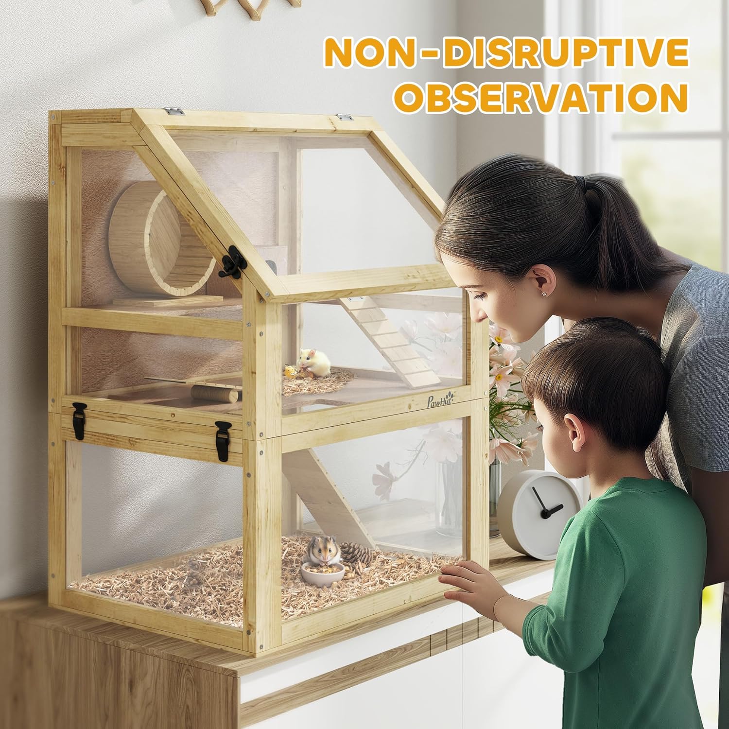 PawHut Wooden Hamster Cage, 3 Tier Small Animal Cage with Detachable 12.6" Deep Bottom, Hut, Seesaw, Exercise Wheel, Ramps, Hamster Habitat for Dwarf, Gerbil, 24" x 16" x 29.5" - Image 6