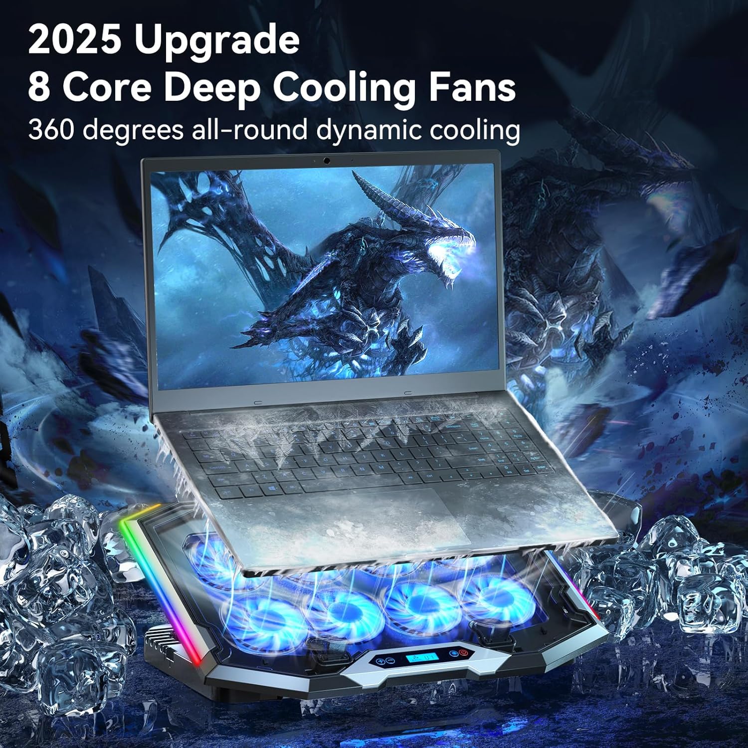 ICE COOREL Gaming Laptop Cooling Pad with 8 Cooling Fans, Laptop Fan Cooler Pad for 15-17.3 Inch, Notebook Cooler Stand with 6 Height Adjustable, RGB Cooling Pad with Two USB Port + Phone Stand - Image 2