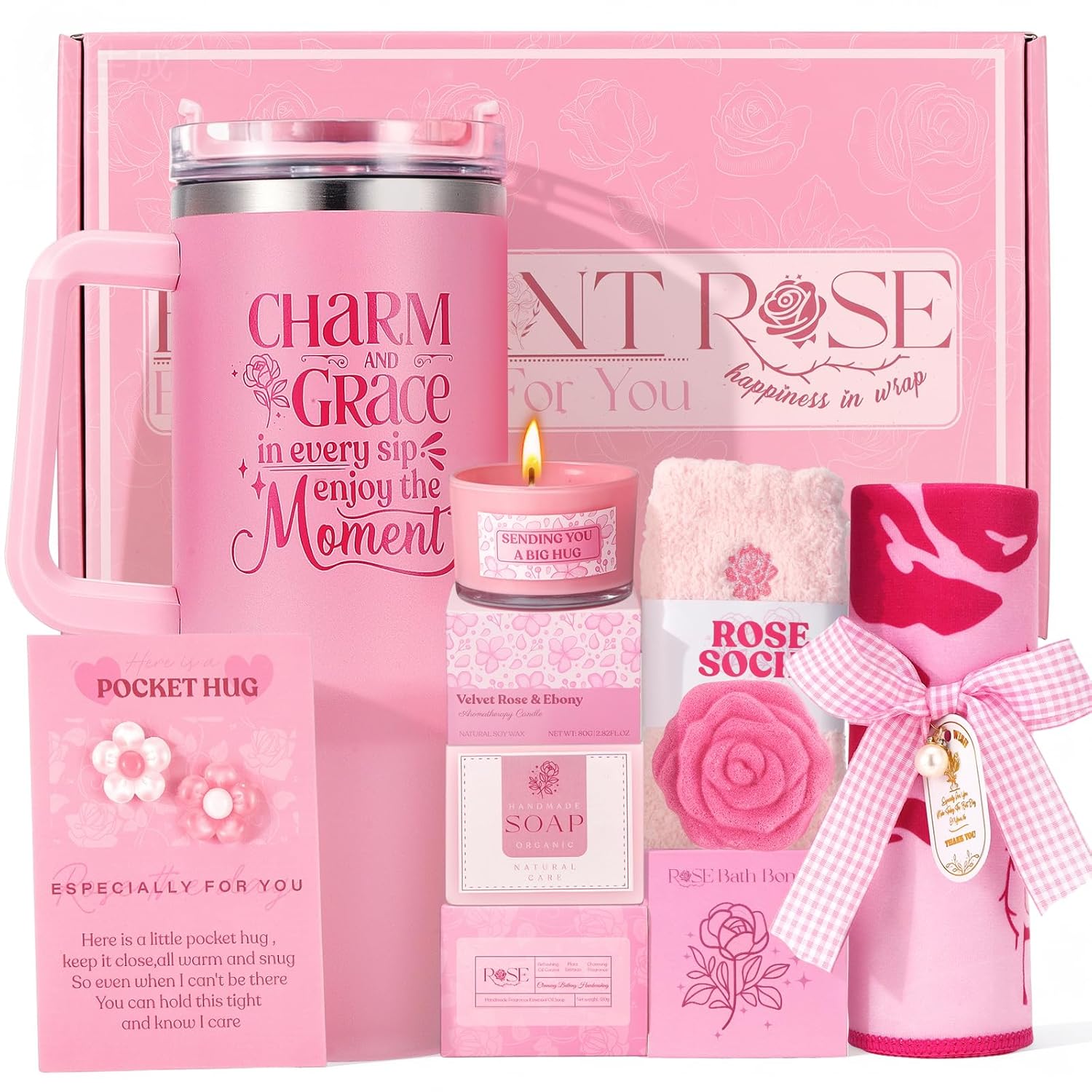 Gift Set for Women Self Care - Pink Birthday Gifts Basket for Women Best Friend Sister Daughter, Easter Mothers Day Relaxation Gifts Spa Gift Basket Self Care Package for Her w/ 40oz Insulated Tumbler