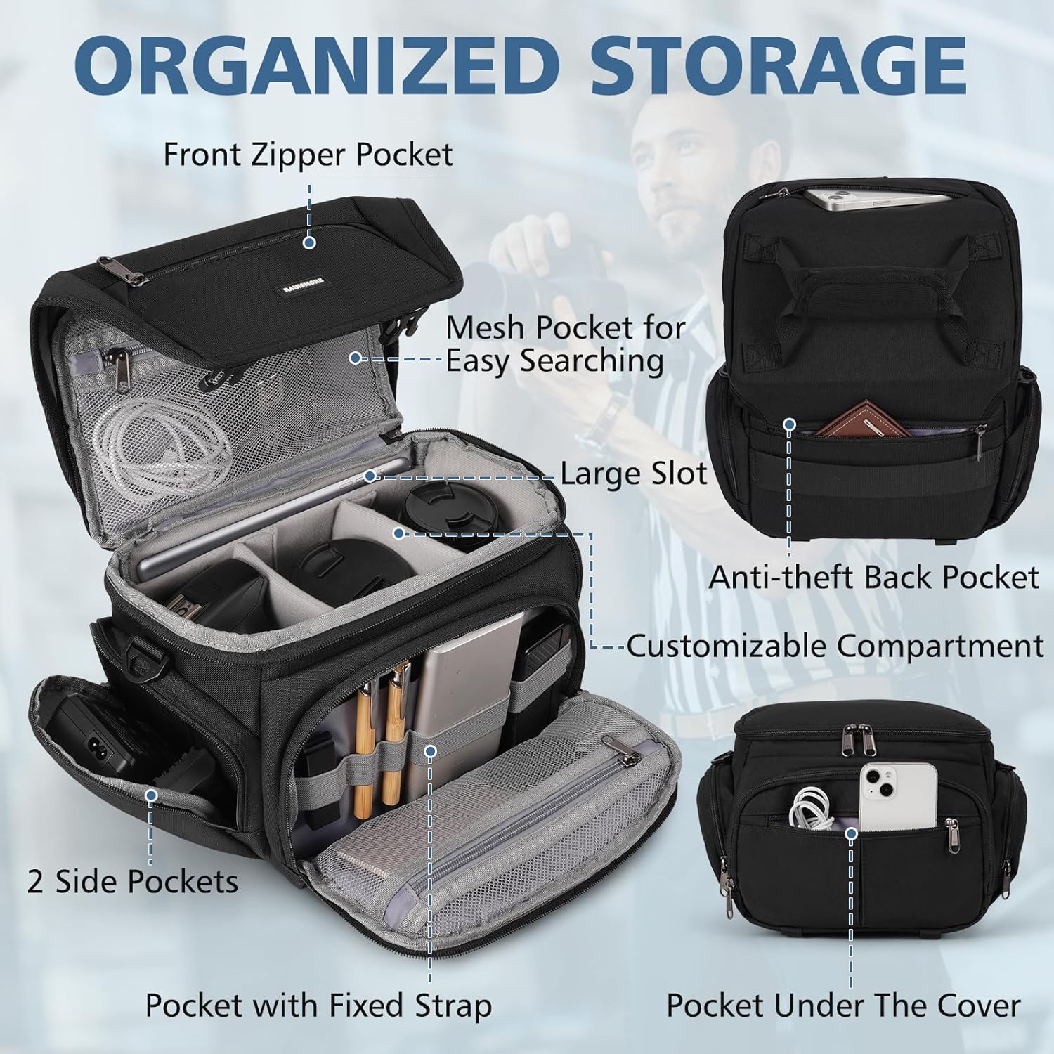 RAINSMORE Camera Bag, DSLR/SLR/Mirrorless Camera Sling Bag for Photographers Waterproof Small Camera Case with Tripod Holder & Rain Cover Camera Crossbody Bag for Canon/Nikon/Sony/Fuji, Black - Image 3