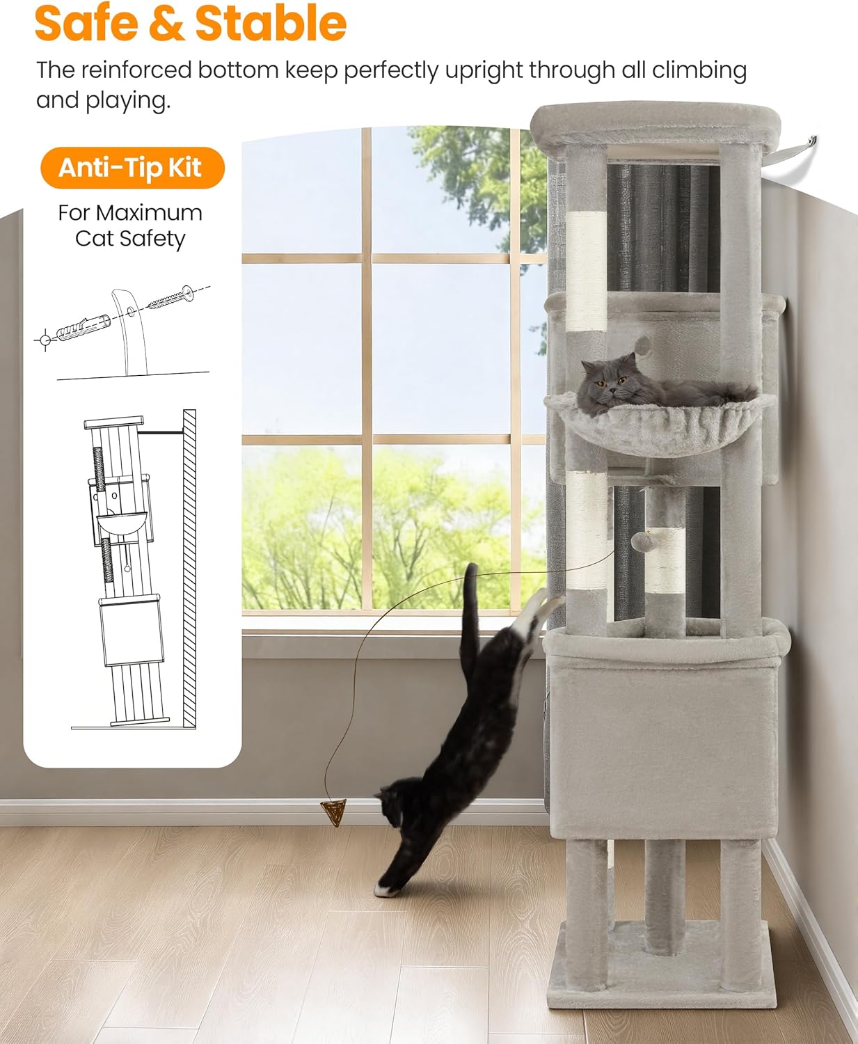 Extra Large Cat Tree, 84 Inch XXL Giant Cat Tower for Indoor Cats Large Adult 20lb+, Multi-Level Cat Climbing Condo with 5 Scratching Posts, 3 Wide Platform Perches, 2 Baskets, 2 Cat Caves, Light Grey - Image 9