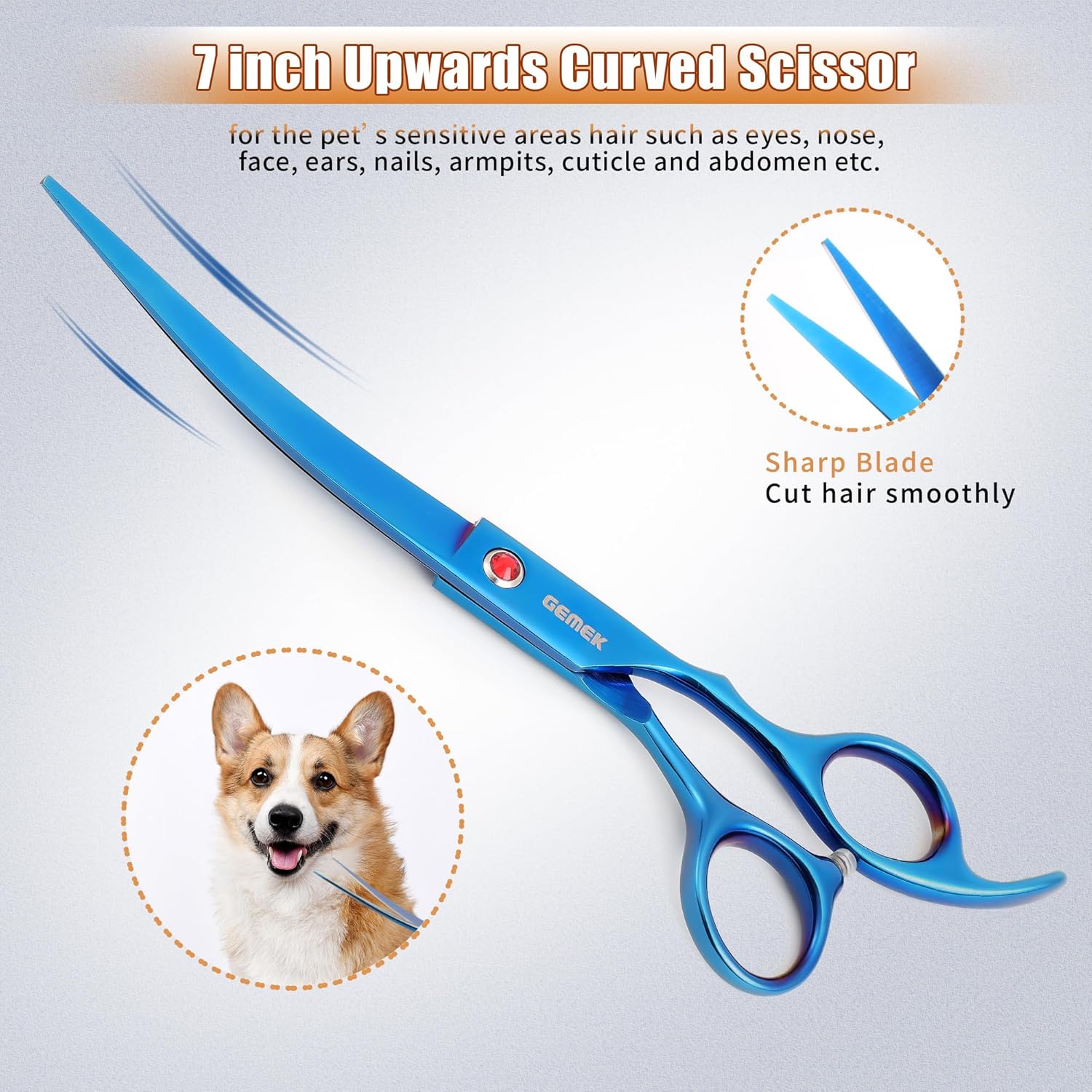 7.0in Titanium Professional Pet Grooming Scissors Set, GEMEK 6 in 1 Straight & Thinning & Upwards Curved & Downwards Curved Scissors & Comb for Dogs, Cats (Blue) - Image 8