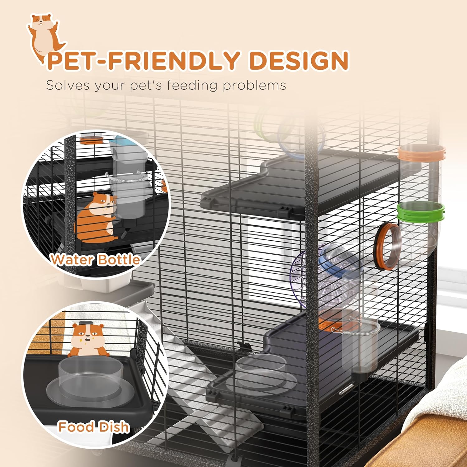 PawHut 32" Large Hamster Cage with Storage Shelf, Rat Cage for Syrian Hamster, Gerbils, with Tubes, Running Wheel, Food Dish, Water Bottle - Image 6