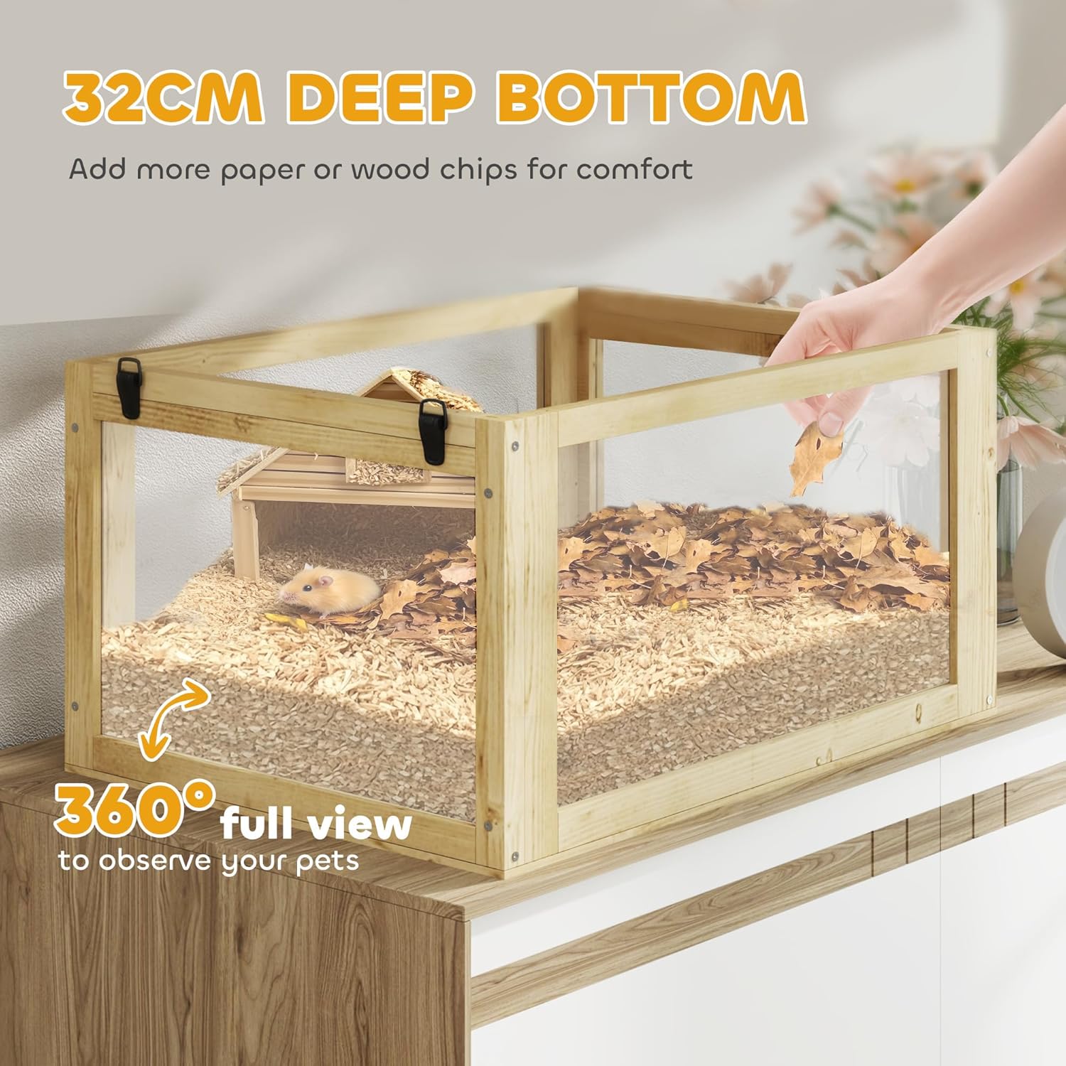 PawHut Wooden Hamster Cage, 3 Tier Small Animal Cage with Detachable 12.6" Deep Bottom, Hut, Seesaw, Exercise Wheel, Ramps, Hamster Habitat for Dwarf, Gerbil, 24" x 16" x 29.5" - Image 4