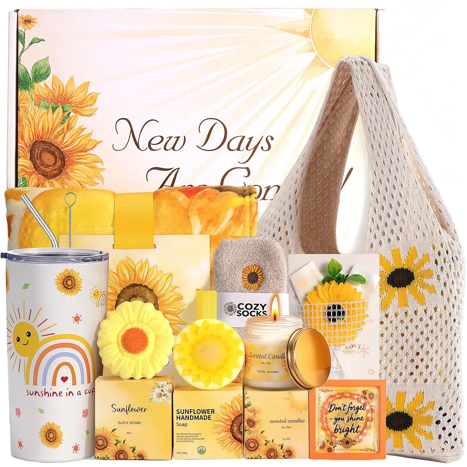 Sunflower Birthday Gifts for Women Self Care Gift - Sending Sunshine Gift Box Get Well Soon Sympathy Gift Basket for Women Care Package, Easter Mothers Day Inspirational Gifts for Her Wife Best Friend