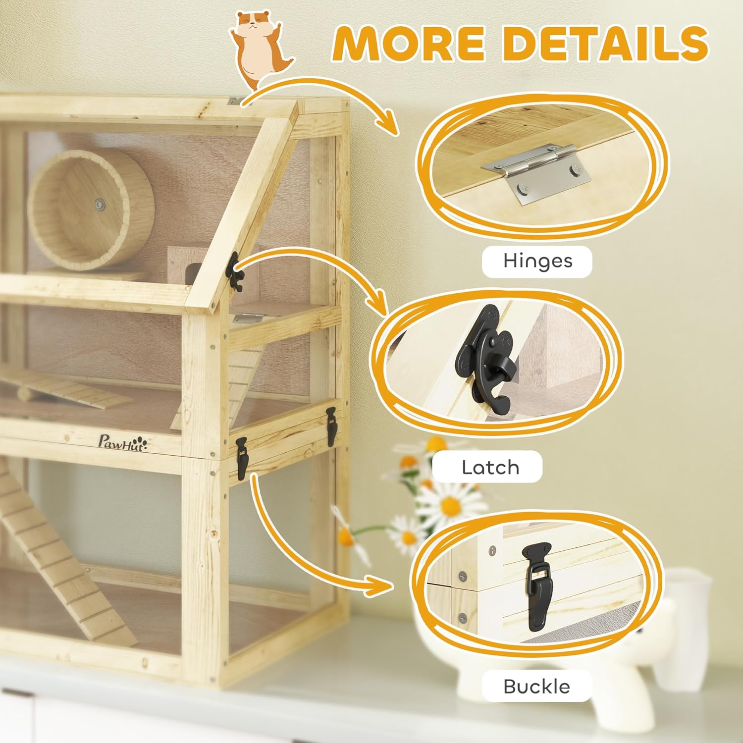 PawHut Wooden Hamster Cage, 3 Tier Small Animal Cage with Detachable 12.6" Deep Bottom, Hut, Seesaw, Exercise Wheel, Ramps, Hamster Habitat for Dwarf, Gerbil, 24" x 16" x 29.5" - Image 8