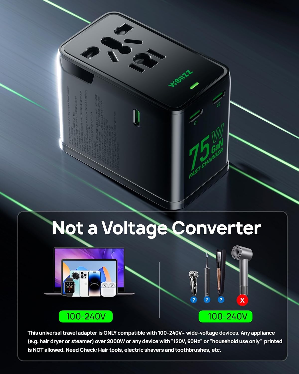 75W Universal Travel Adapter, GaN Fast Charging International Power Adapter Worldwide Charger with 5 Ports 1 AC, 1 USB-A, and 3 USB-C Ports Plug Adapter for USA European UK AUS Japan - Image 5