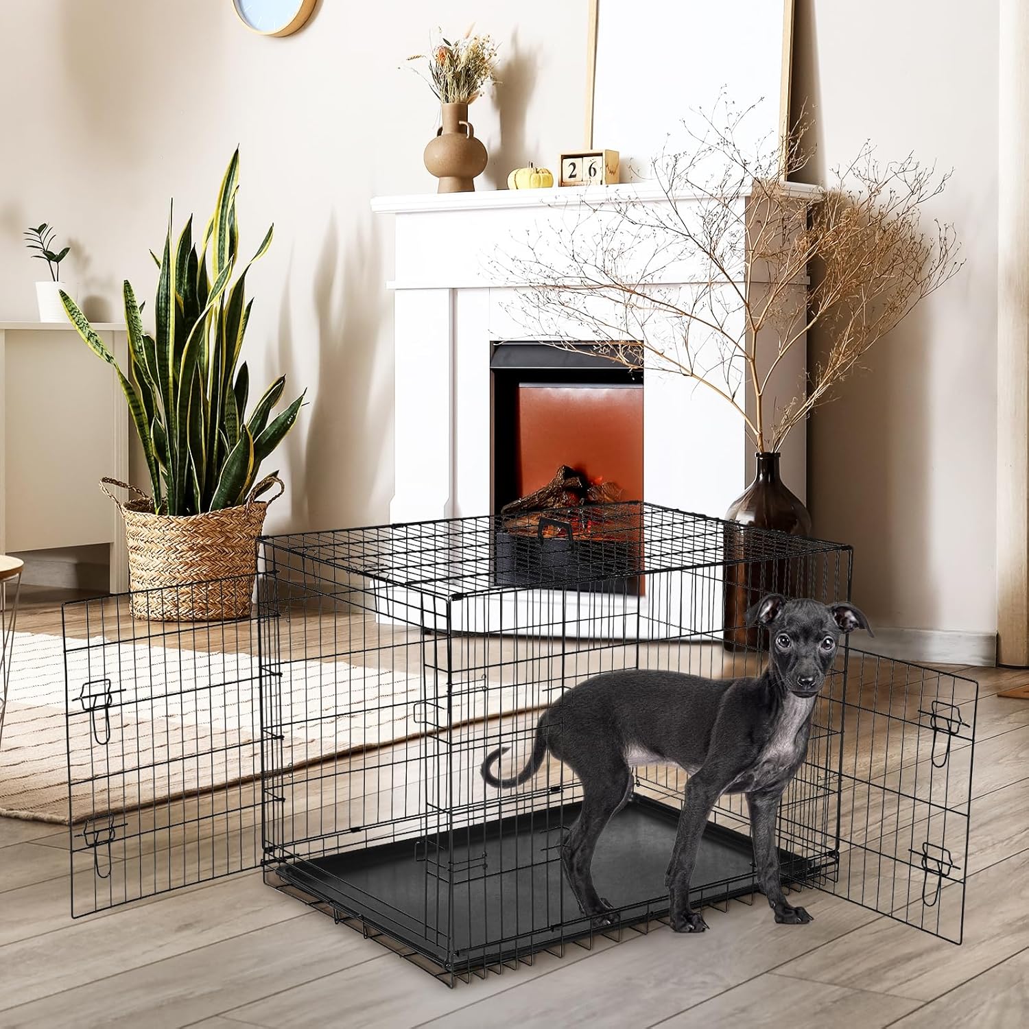 DUMOS Dog Crate, 42 Inch Large Double Door Dog Cage with Plastic Leak-Proof Pan Tray, Folding Metal Wire Pet Kennel for Indoor, Outdoor, Travel - Image 8