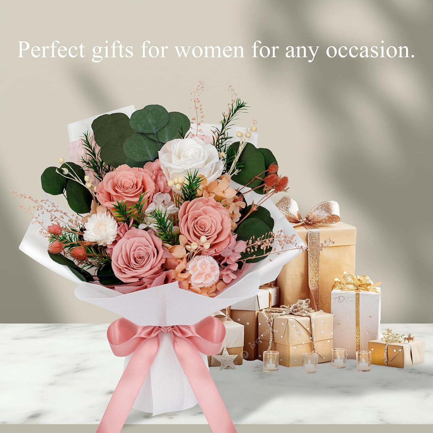 Perfectione Roses 4 Roses Mixed Bouquet for Mother's Day, Flowers for Delivery, Preserved Flowers Birthday Gift for Women Mom Wife Grandma Her, Dusty Rose - Image 7
