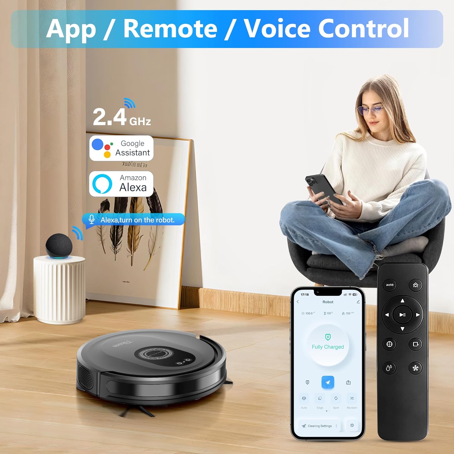 Tikom Robot Vacuum and Mop Combo, 5000Pa Robotic Vacuum Cleaner, 150 Min Max, App & Remote Control, Ideal for Hard Floor, Carpet, Pet Hair, Self-Charge(G8000 Max) - Image 8