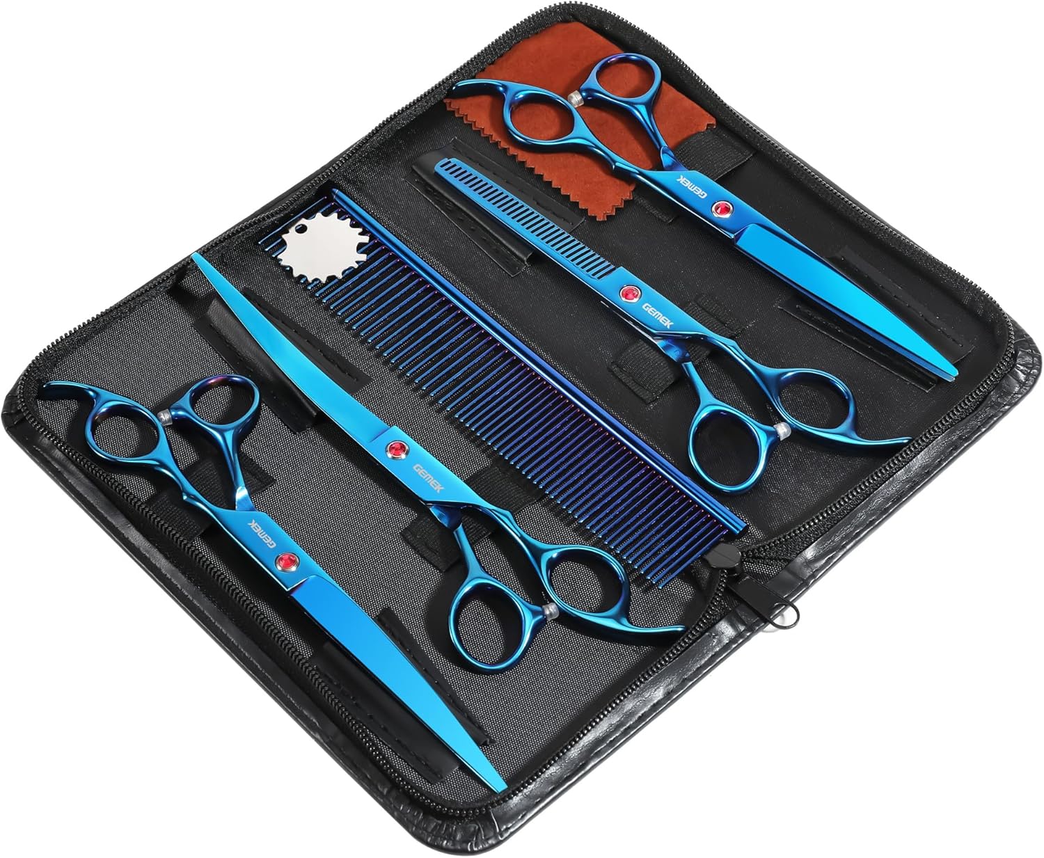 7.0in Titanium Professional Pet Grooming Scissors Set, GEMEK 6 in 1 Straight & Thinning & Upwards Curved & Downwards Curved Scissors & Comb for Dogs, Cats (Blue) - Image 2