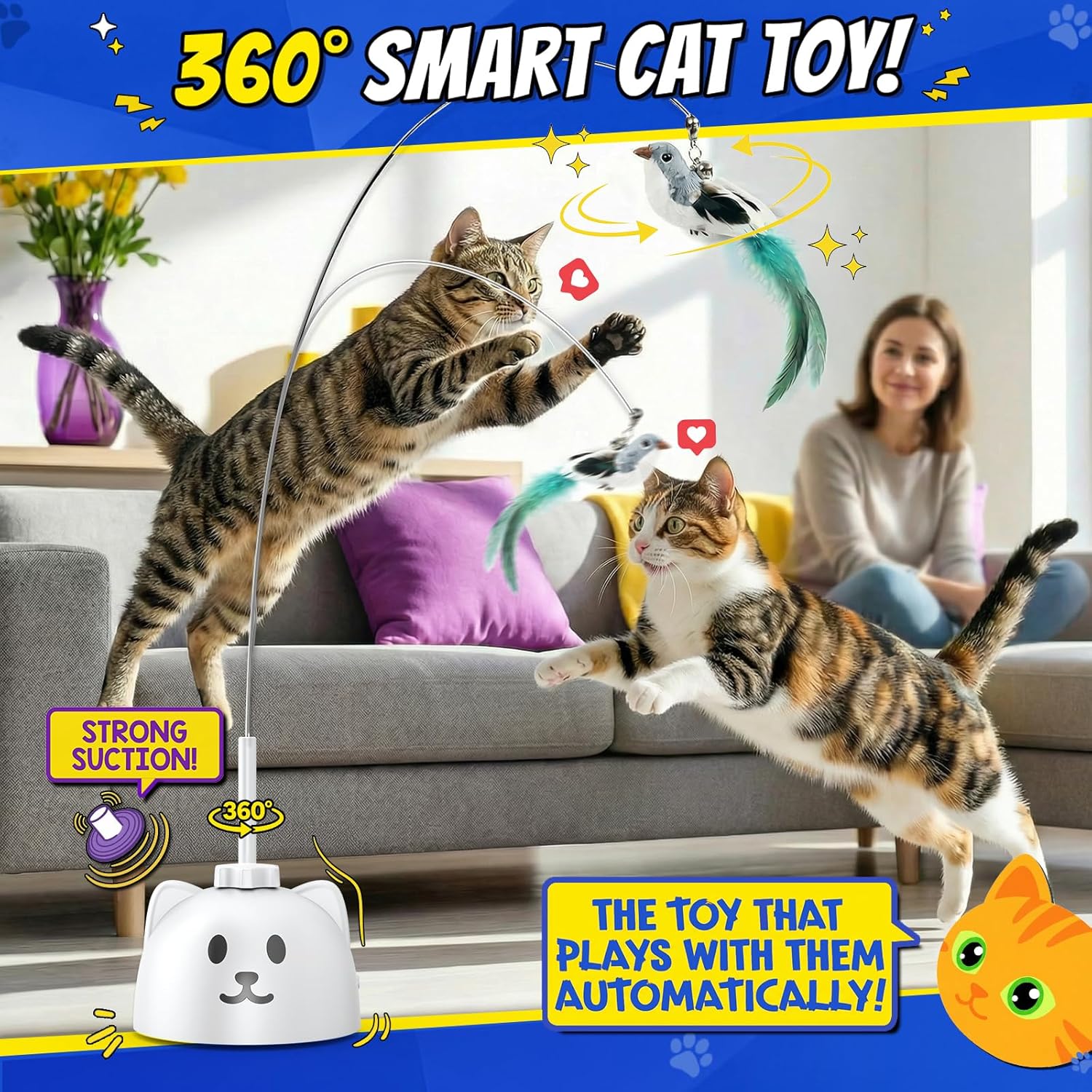 Interactive Cat Toys for Indoor Cats - Automatic Flying Bird Feather Toy, USB Rechargeable Electric Cat Teaser with Sticky Suction Base, Smart Motion Activated Self-Play Enrichment Toy for Bored Cats - Image 2