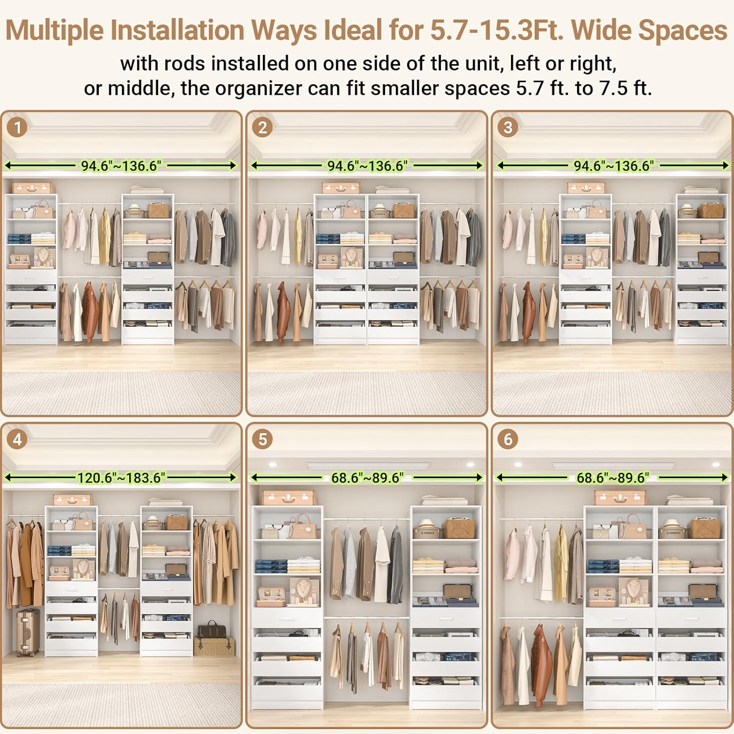 Aheaplus Closet System, 6-15Ft Closet Organizer with 8 Wooden Drawers, Wood Closet Organizer System with Tower, Walk-in Closet Organizer Wardrobe Clothes Rack with 4 Hanging Rods, Garment Rack, White - Image 4