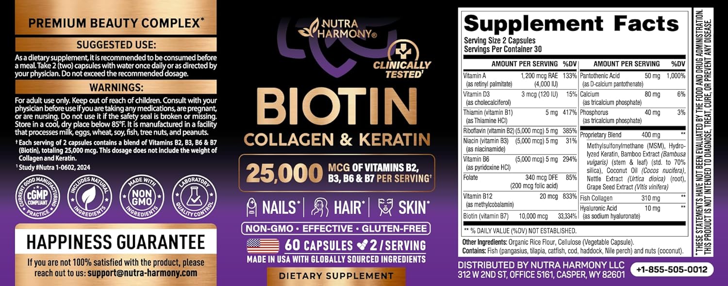 NUTRAHARMONY Biotin | Collagen | Hyaluronic Acid | Keratin - Support Normal Hair Growth Cycle - Skin & Nails - 25000mcg Vitamins B1, B2, B3, B6 & B7 - for Women & Men - Made in USA | 60 Capsules - Image 2