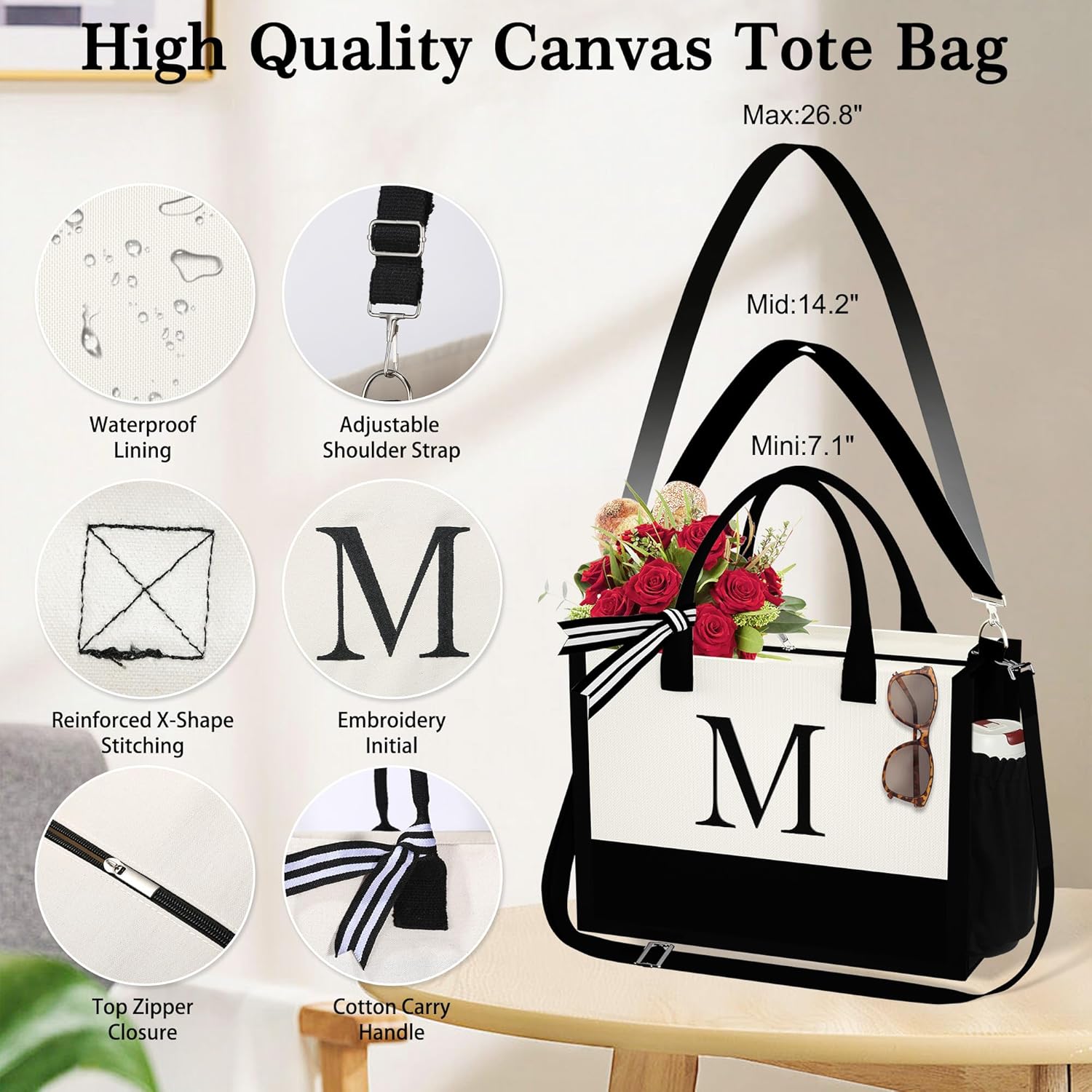 YOOLIFE Gifts for Women - Initial Canvas Tote Bag & Makeup Bag, Birthday Gifts for Women Mom Sister Friends - Image 5