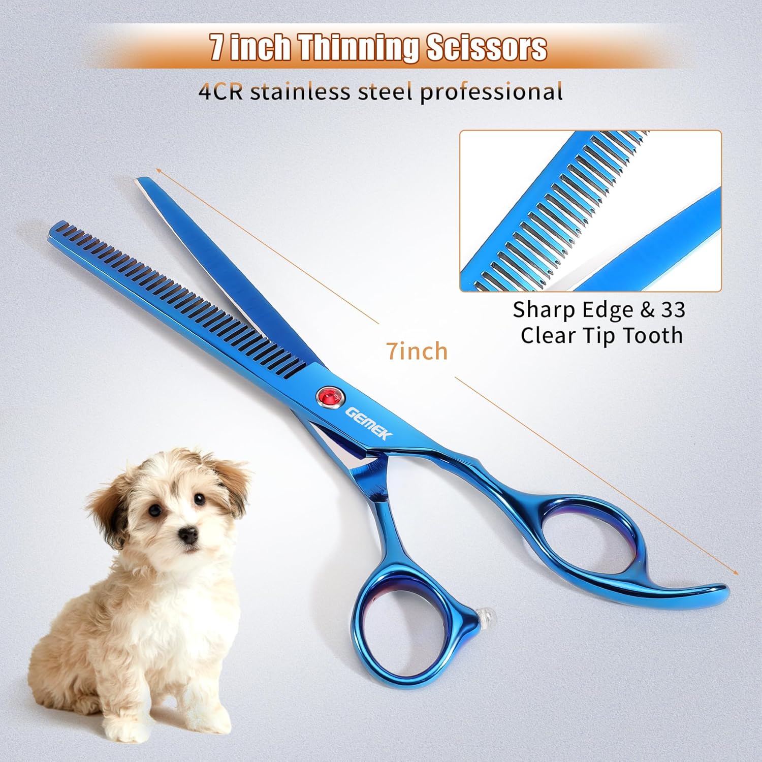 7.0in Titanium Professional Pet Grooming Scissors Set, GEMEK 6 in 1 Straight & Thinning & Upwards Curved & Downwards Curved Scissors & Comb for Dogs, Cats (Blue) - Image 3