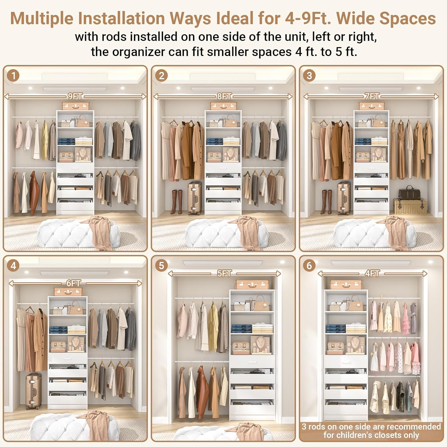 Aheaplus Closet System, 4-9Ft Closet Organizer with 4 Wooden Drawers, Wood Closet Organizer System with Tower, Walk-in Closet Organizer Wardrobe Clothes Rack with 4 Hanging Rods, Garment Rack, White - Image 4