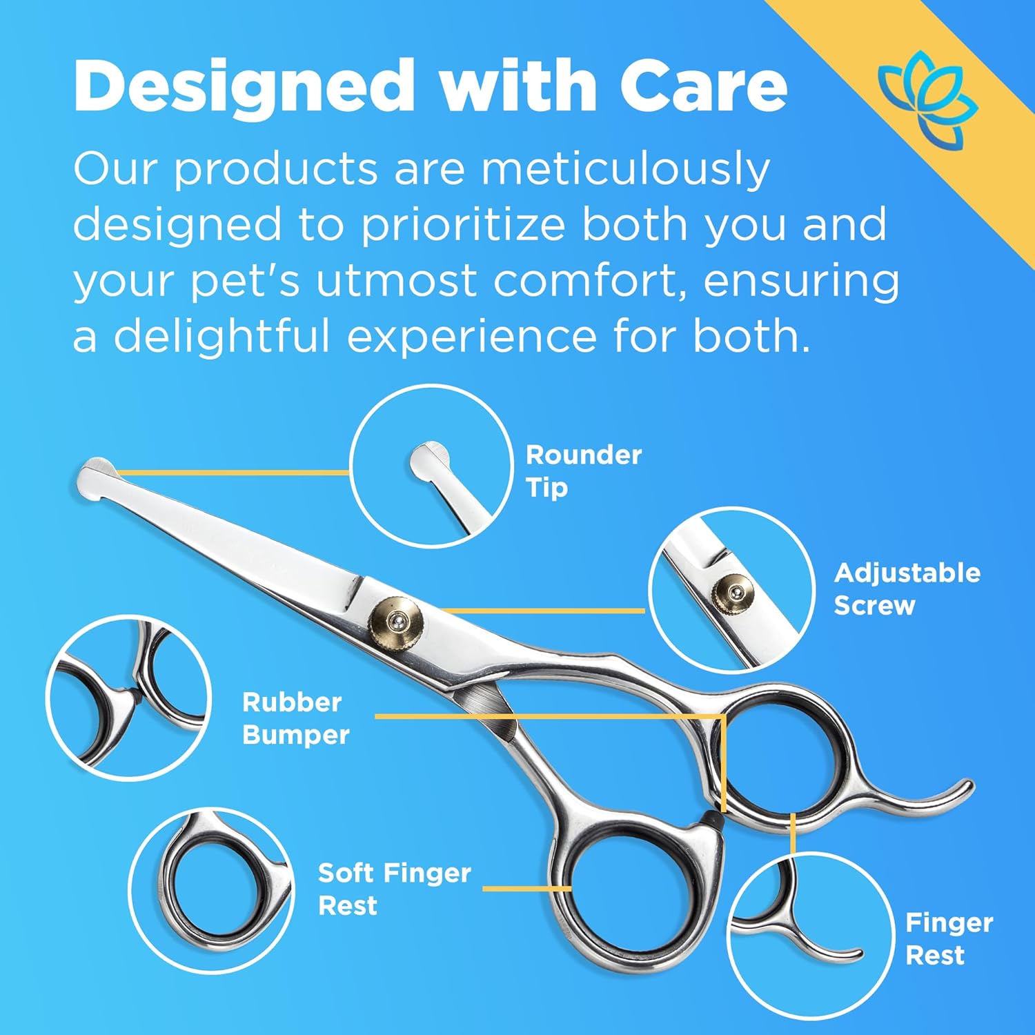 Equinox Dog Grooming Scissors & Deshedder - 7 in 1 Pet Grooming Scissors Set with undercoat brush - Curved Dog Scissors with safety tips - Includes Thinning & Rounded Shears - For dogs & cats - Image 4