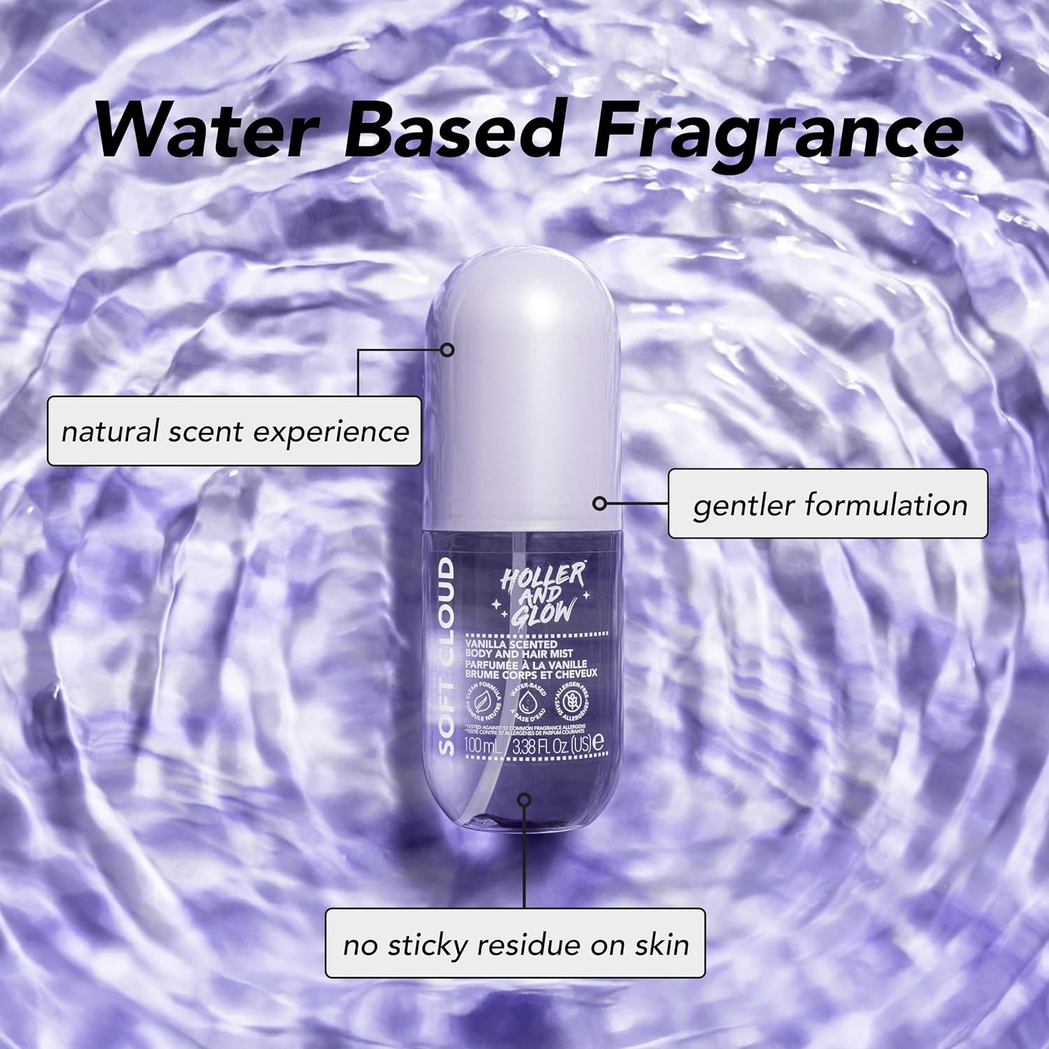 Holler And Glow Mood Boosting Soft Cloud Body & Hair Mist, Body Spray, Teen Girls Spritz, Long Lasting, Vanilla, Sweet Scented, Water Based Fragrance For Tweens, Clean & Gentle Formula, 3.38 Fl Oz - Image 3