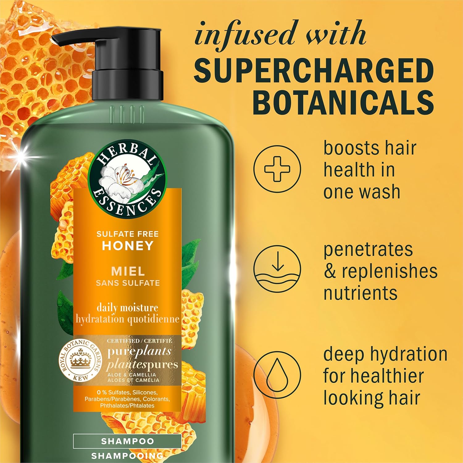 Herbal Essences Sulfate Free Shampoo with Honey for Daily Moisture, Nourishes Dry Hair, Moisturizing Shampoo with Certified Camellia Oil and Aloe Vera, Lightweight For All Hair Types, 33.8oz - Image 3