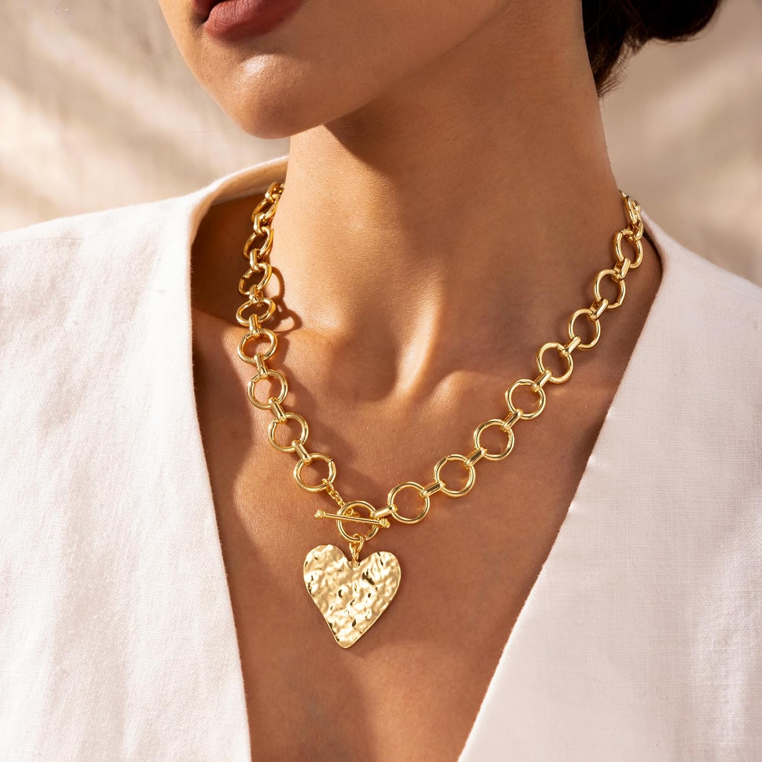 Chunky Gold Heart Necklace for Women,14K Gold Plated Chunky Heart Pendant Bold Chain Necklace with Toggle Clasp,Waterproof Non Tarnish Hypoallergenic Chunky Statement Jewelry Gift for Women - Image 5