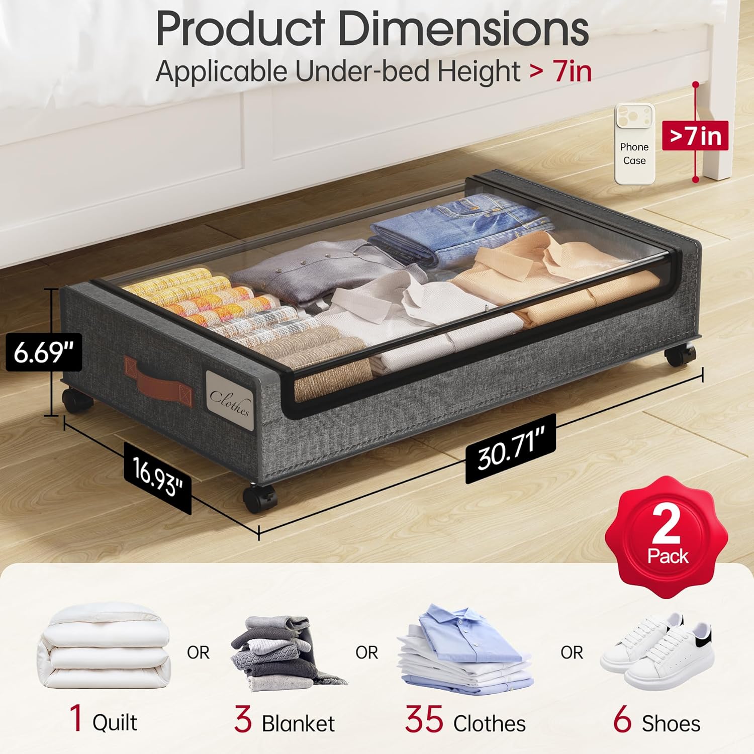 Yecaye Under Bed Storage with Wheels, 2Pack Under Bed Storage Containers, Underbed Shoe Storage Organizer, Rolling Under Bed Metal Drawers for Clothes, Blankets(30.71 x 16.93 x 6.69 in) - Image 2