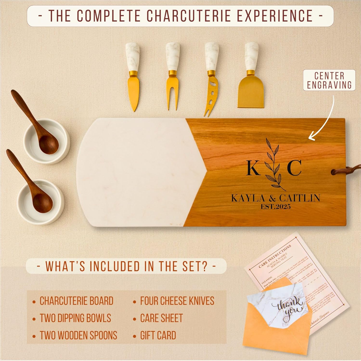 Personalized Charcuterie Board Gift Set – Custom Acacia & Marble Cheese Board with Utensils, Wedding, Housewarming, Couples, Bridal Shower, Engagement, Anniversary, Women, Men, Gift For Her, Him - Image 5