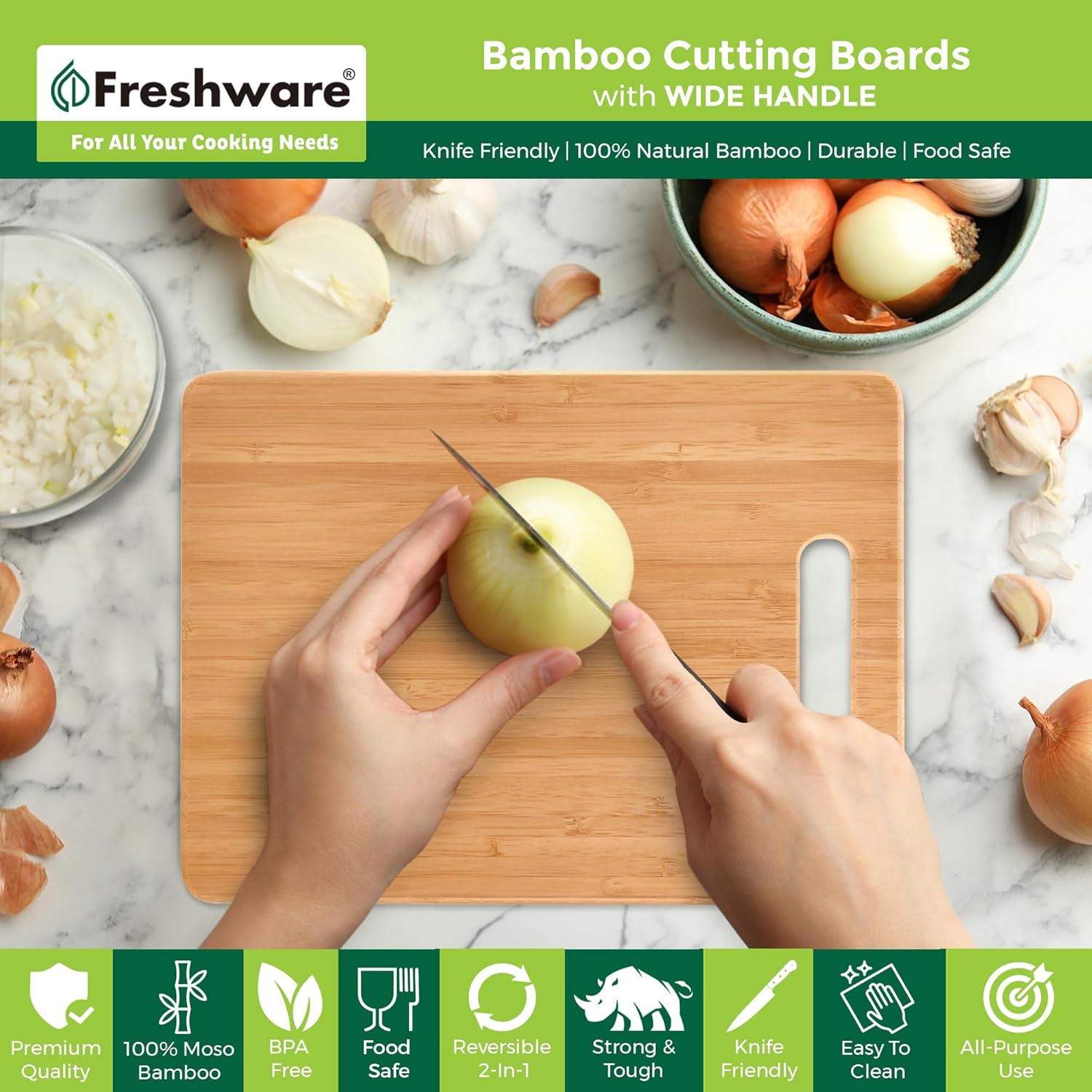Freshware Bamboo Cutting Board Set of 3, Wooden Cutting Boards for Kitchen, Knife Friendly Food Grade Chopping Board, Lightweight with Hanging Hole for Easy Storage - Image 3