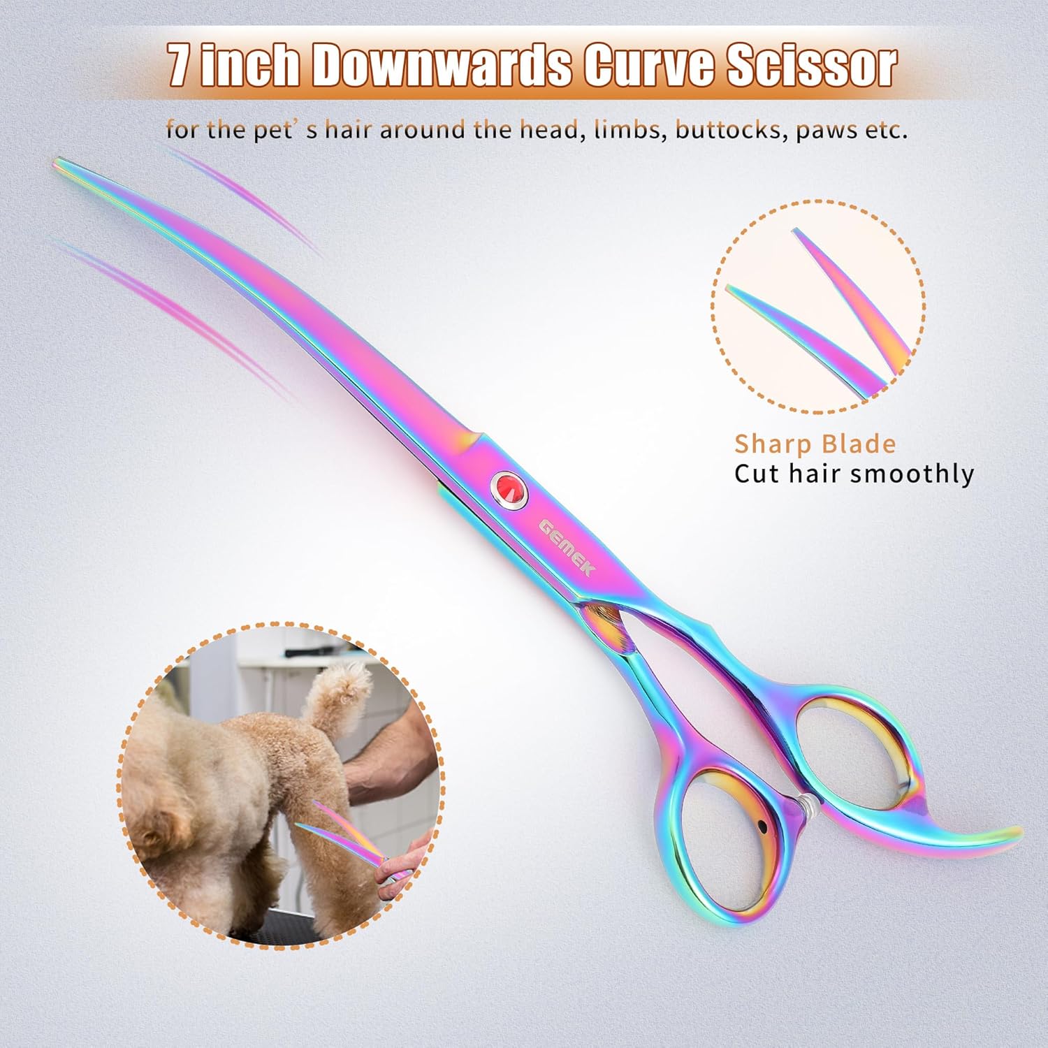 7.0in Titanium Professional Pet Grooming Scissors Set, GEMEK 6 in 1 Straight & Thinning & Upwards Curved & Downwards Curved Scissors & Comb for Dogs, Cats (Rainbow) - Image 7