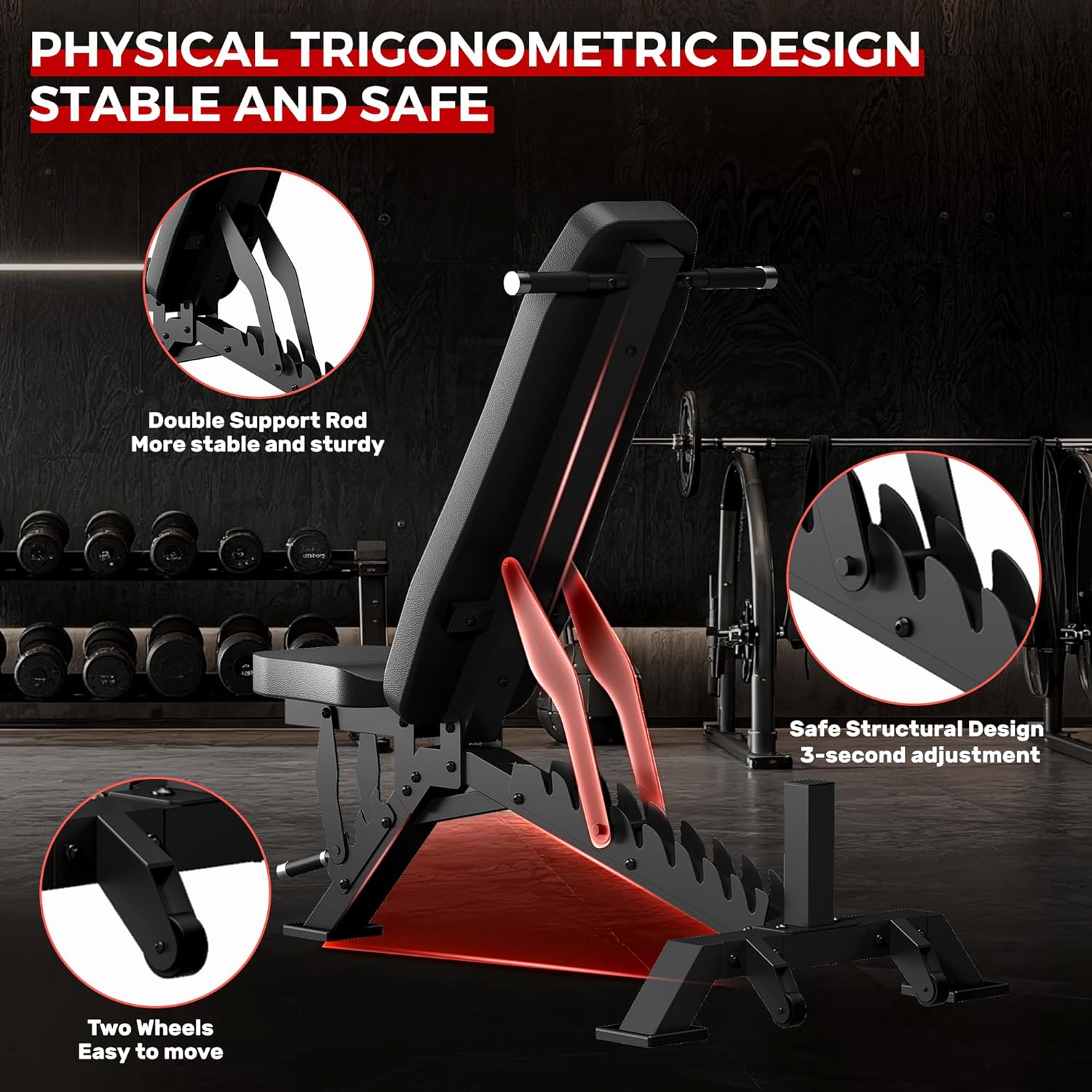Weight Bench, Adjustable Workout Bench for Home Gym Full Body Workout, 1300LBS Weight Capacity Bench Press, Flat/Incline Bench with 33" Extra-Long Backrest & Wheels - Image 4