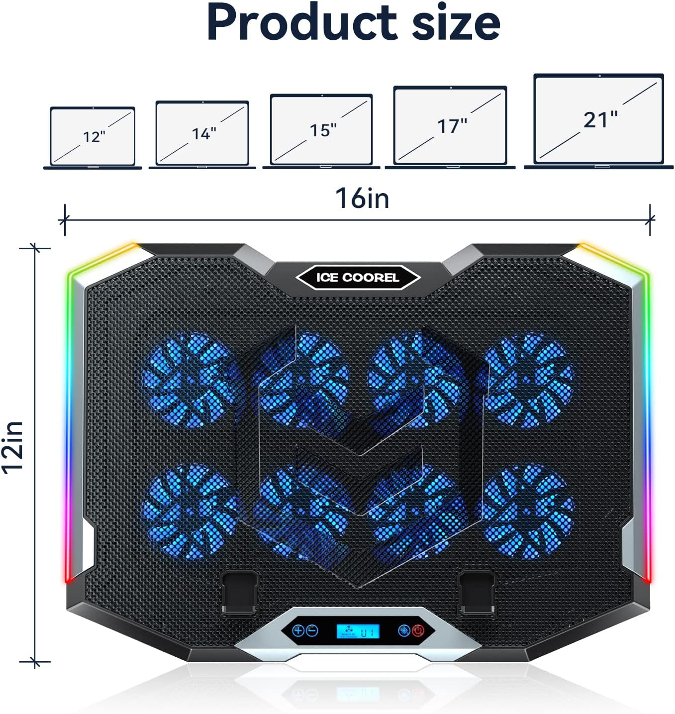 ICE COOREL Gaming Laptop Cooling Pad with 8 Cooling Fans, Laptop Fan Cooler Pad for 15-17.3 Inch, Notebook Cooler Stand with 6 Height Adjustable, RGB Cooling Pad with Two USB Port + Phone Stand - Image 7
