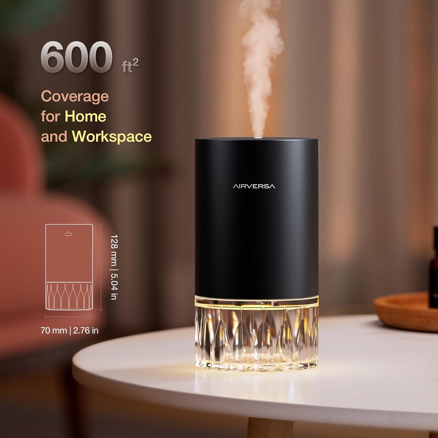 Airversa Waterless Essential Oil Diffuser for Home Room Desk Car Air Freshener Diffuser, Up to 600 sq ft, Battery Operated, Mist Level and Timer Settings, 100mL Capacity, Cold Air, RD1 Black - Image 2
