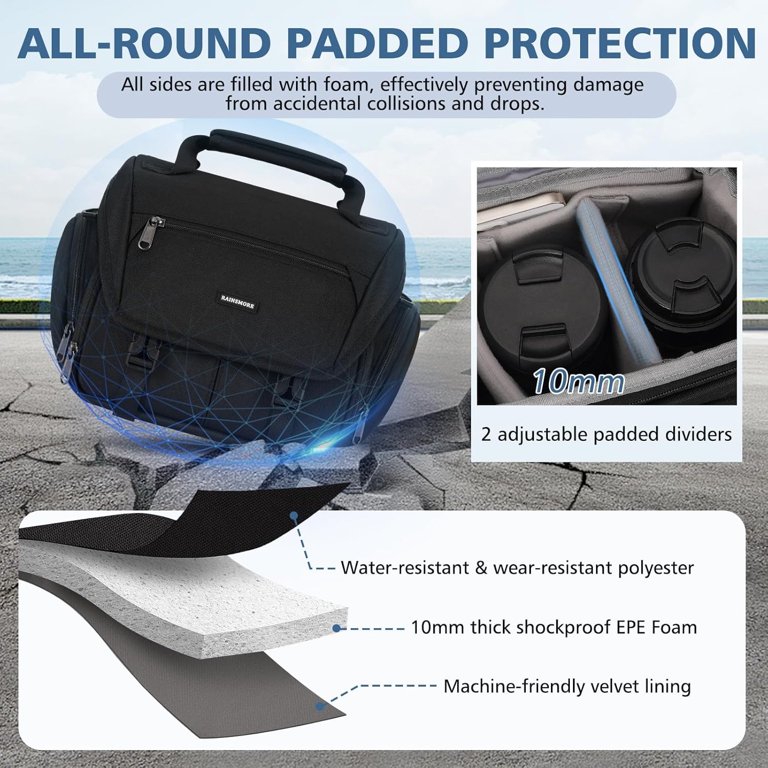 RAINSMORE Camera Bag, DSLR/SLR/Mirrorless Camera Sling Bag for Photographers Waterproof Small Camera Case with Tripod Holder & Rain Cover Camera Crossbody Bag for Canon/Nikon/Sony/Fuji, Black - Image 2