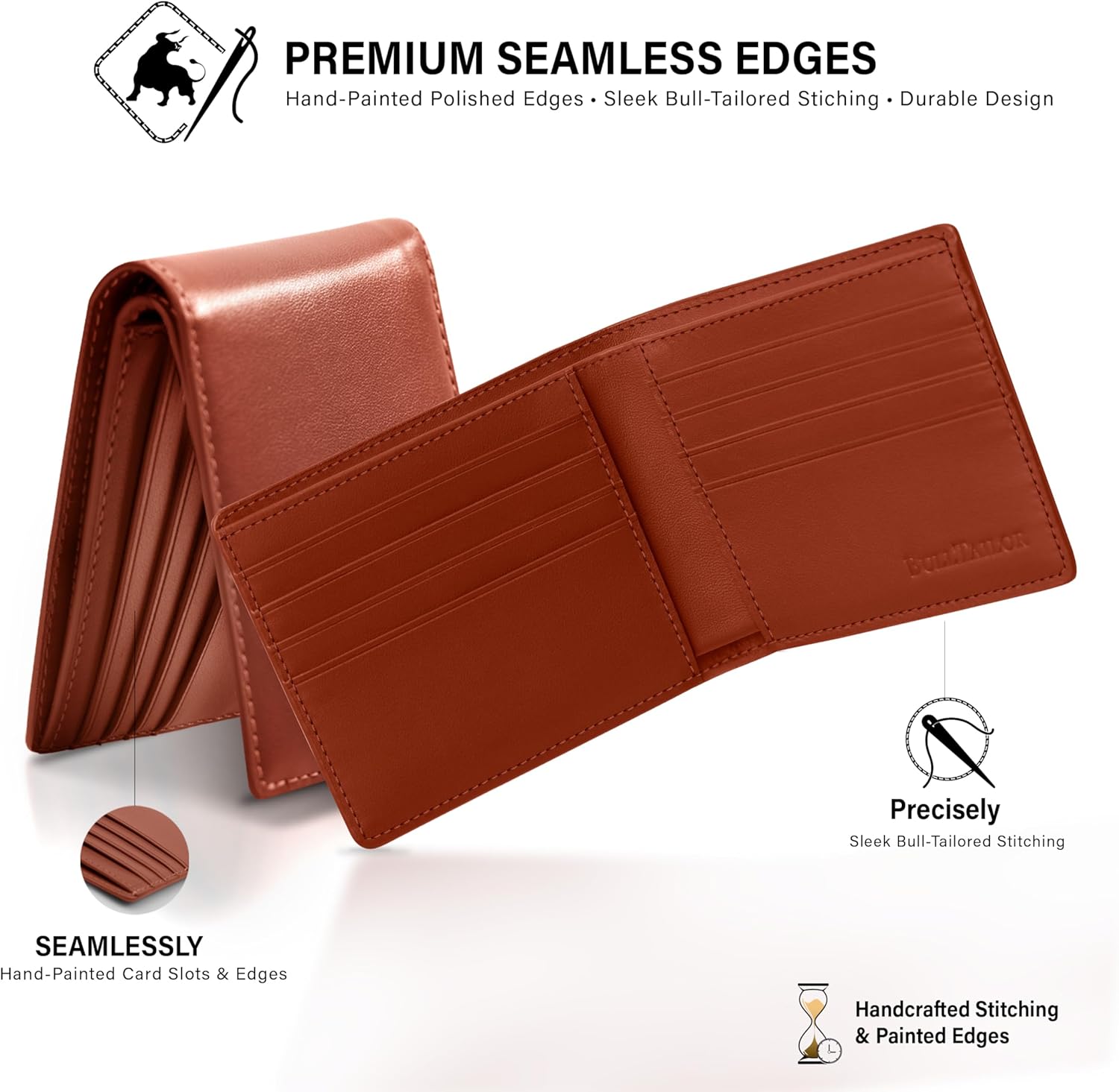 Full-Grain Leather Wallet for Men, Minimalist Slim Mens Bifold RFID Blocking Wallet with Cash Pocket, 8 Card Slots (Cognac Brown) - Image 4