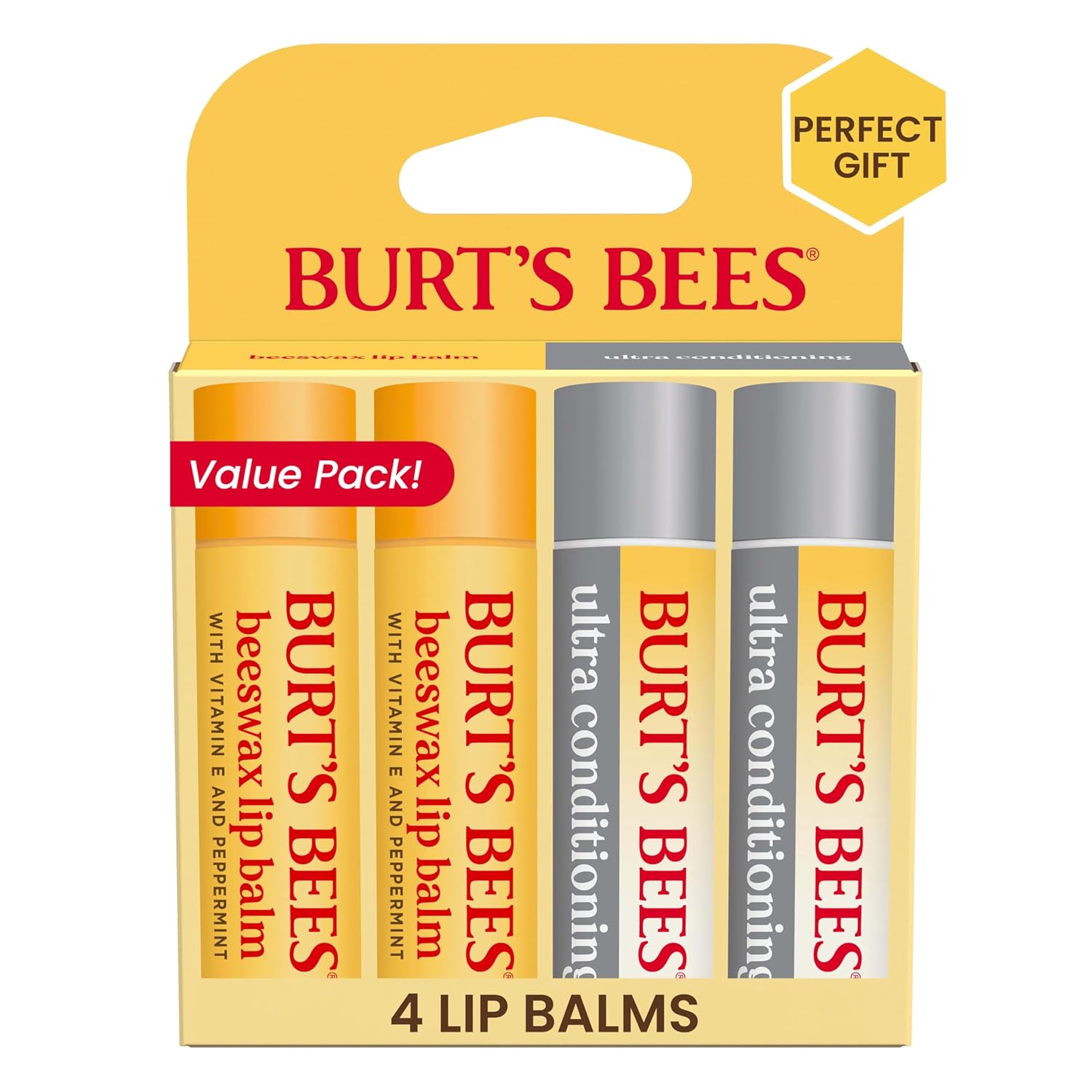 Burt's Bees Lip Balm Beeswax and Ultra Conditioning Lip Balm Pack, Hydrating Lip Moisturizer with Kokum and Shea Butter, Natural Origin Lip Care, 4 Tubes, 0.15oz.