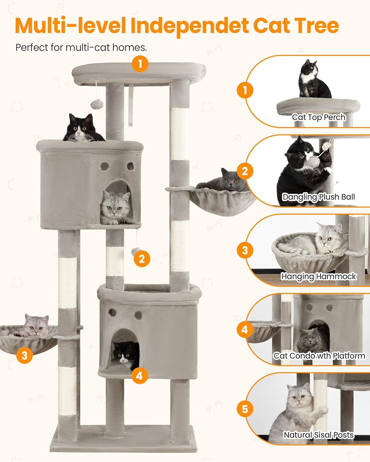 Extra Large Cat Tree, 84 Inch XXL Giant Cat Tower for Indoor Cats Large Adult 20lb+, Multi-Level Cat Climbing Condo with 5 Scratching Posts, 3 Wide Platform Perches, 2 Baskets, 2 Cat Caves, Light Grey - Image 6