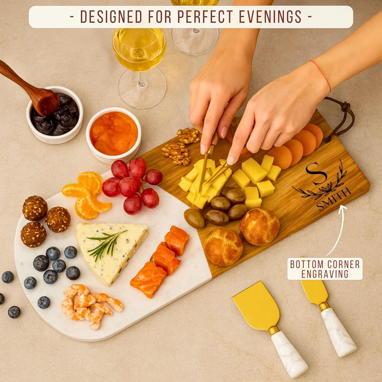 Personalized Charcuterie Board Gift Set – Custom Acacia & Marble Cheese Board with Utensils, Wedding, Housewarming, Couples, Bridal Shower, Engagement, Anniversary, Women, Men, Gift For Her, Him - Image 6