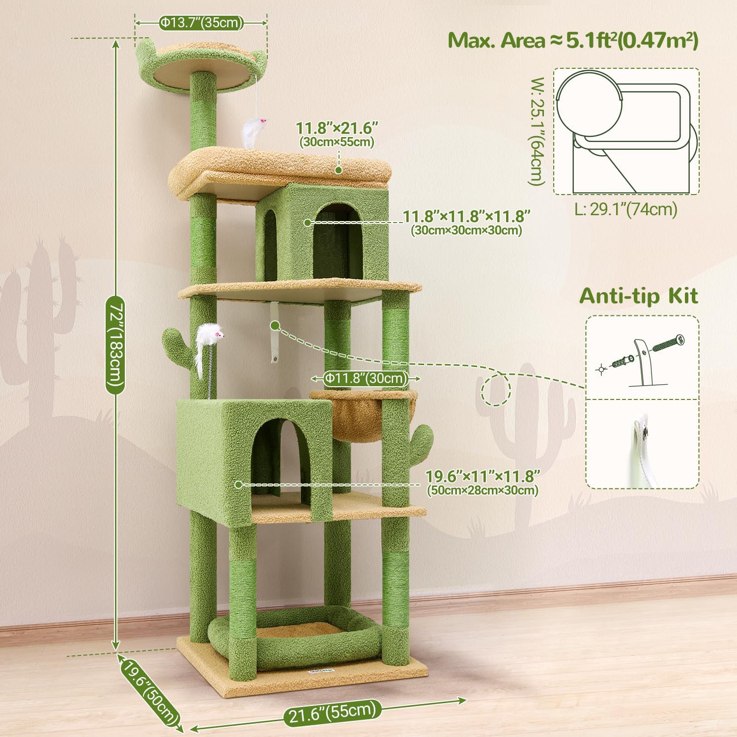 Globlazer Heavy Duty Cactus Cat Tree for Large Cats, Sturdy 72in Maine Coon Cat Tree for Large 20 lbs+ Cactus Cat Tower for Adult Biggest Cats with 6 Scratching Posts, Hammock, S72, Green - Image 6