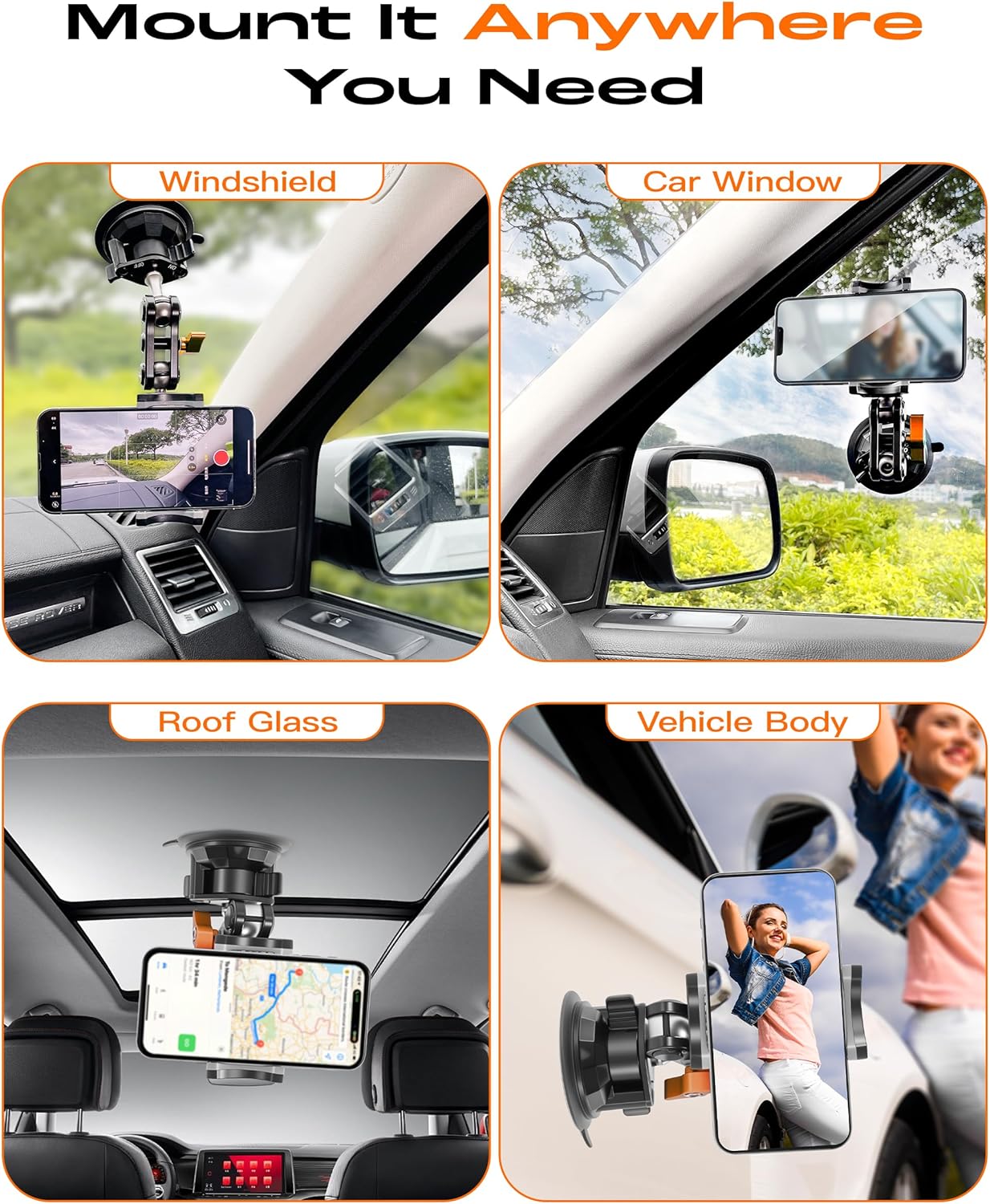 chubbycable ChubbyGrip Pro Dash Mount Premium Metal Knobs Phone Holders for Your Car 360° Rotation Suction Cup Phone Mount for Windshield, Clamp, Orange - Image 5