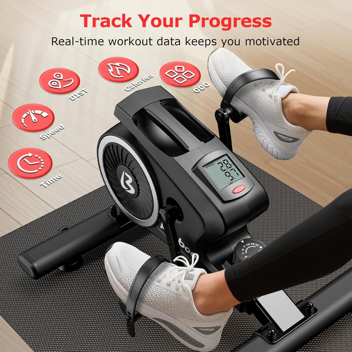 pooboo Under Desk Bike Pedal Exerciser, Quiet Magnetic Mini Exercise Bike with 16 Resistance Levels, Arm & Leg Workout, Resistance Bands & Non-Slip Mat for Home Office Therapy - Image 6