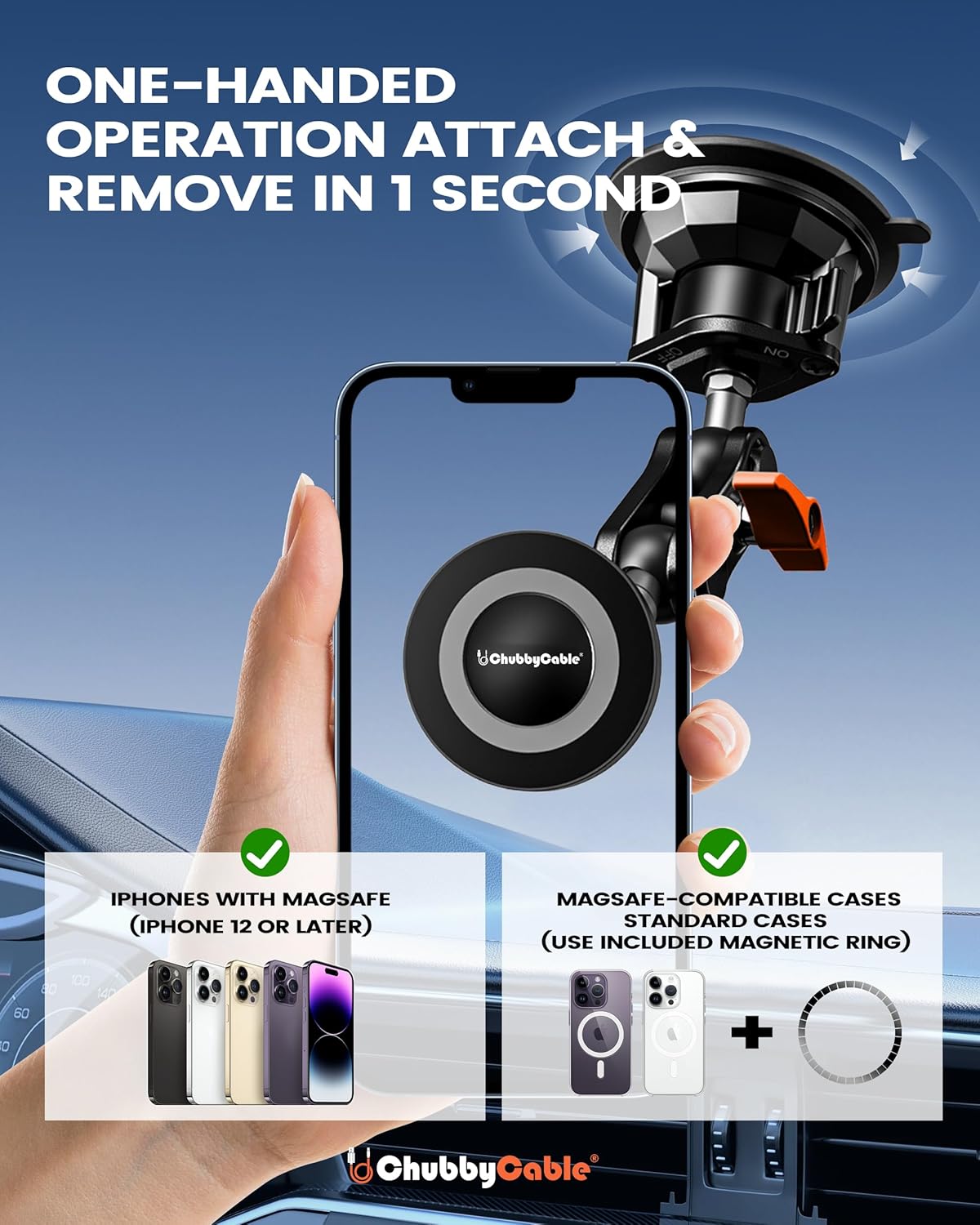 chubbycable ChubbyGrip Pro Dash Mount Vacuum Magnetic Phone Holders for Your Car 360° Rotation Suction Cup Phone Mount for Windshield, Magnetic, Orange - Image 7
