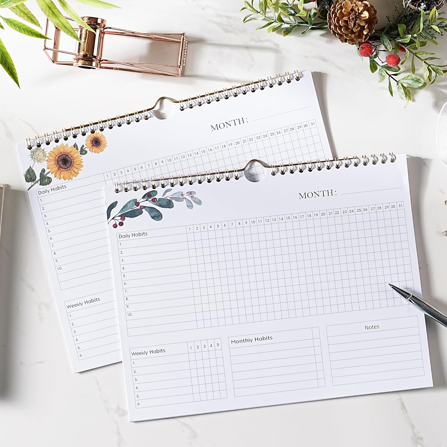 Habit Tracker Calendar - 12 Months Undated Daily Planner, 8"x10", Weekly & Monthly Period Habit Tracker Journal, Floral, Spiral Binding with Writable Goals Habits Track - Image 2