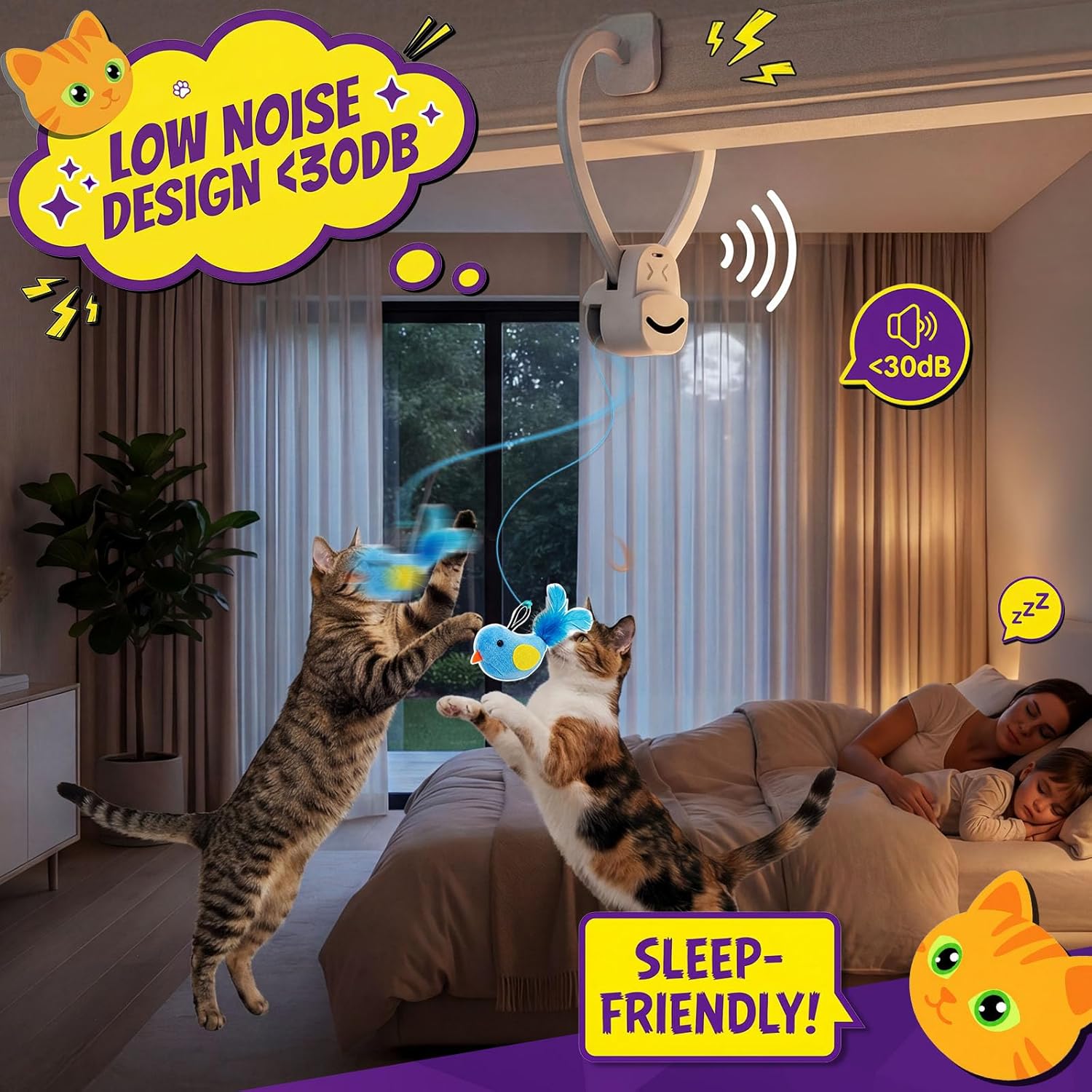 Interactive Cat Toys for Indoor Cats: Automatic Flying Bird Feather Wand Chase Exercise Enrichment Stimulation, USB Rechargeable Durable Safe Hanging Toy for Bored Kittens Adult Multi Cat Households - Image 6