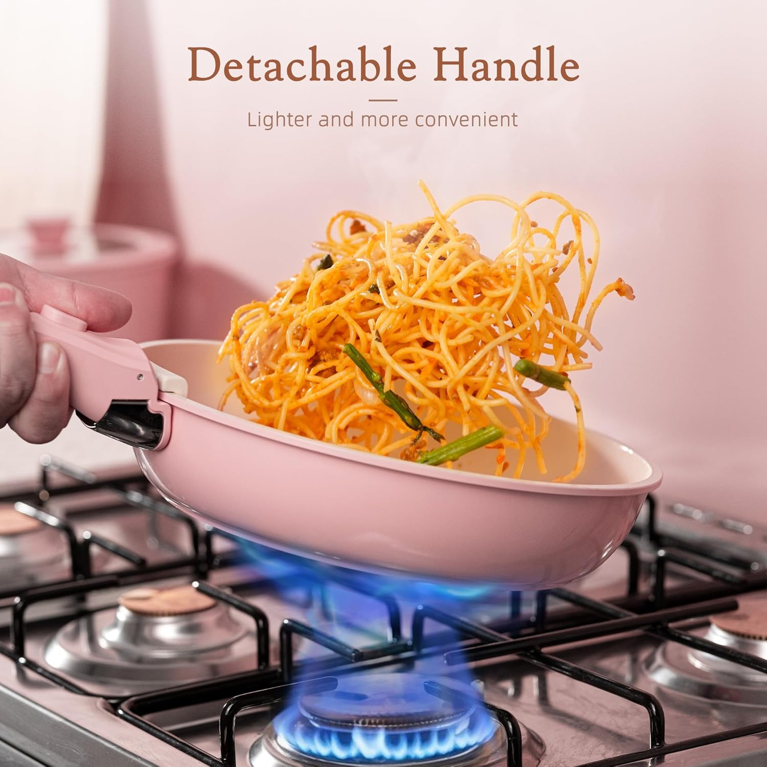 Astercook 21 Pcs Pots and Pans Non Stick Ceramic Cookware Set, Detachable Handles, RV Kitchen Cooking Set, Oven Safe, Induction Ready, Stackable, Pink - Image 4